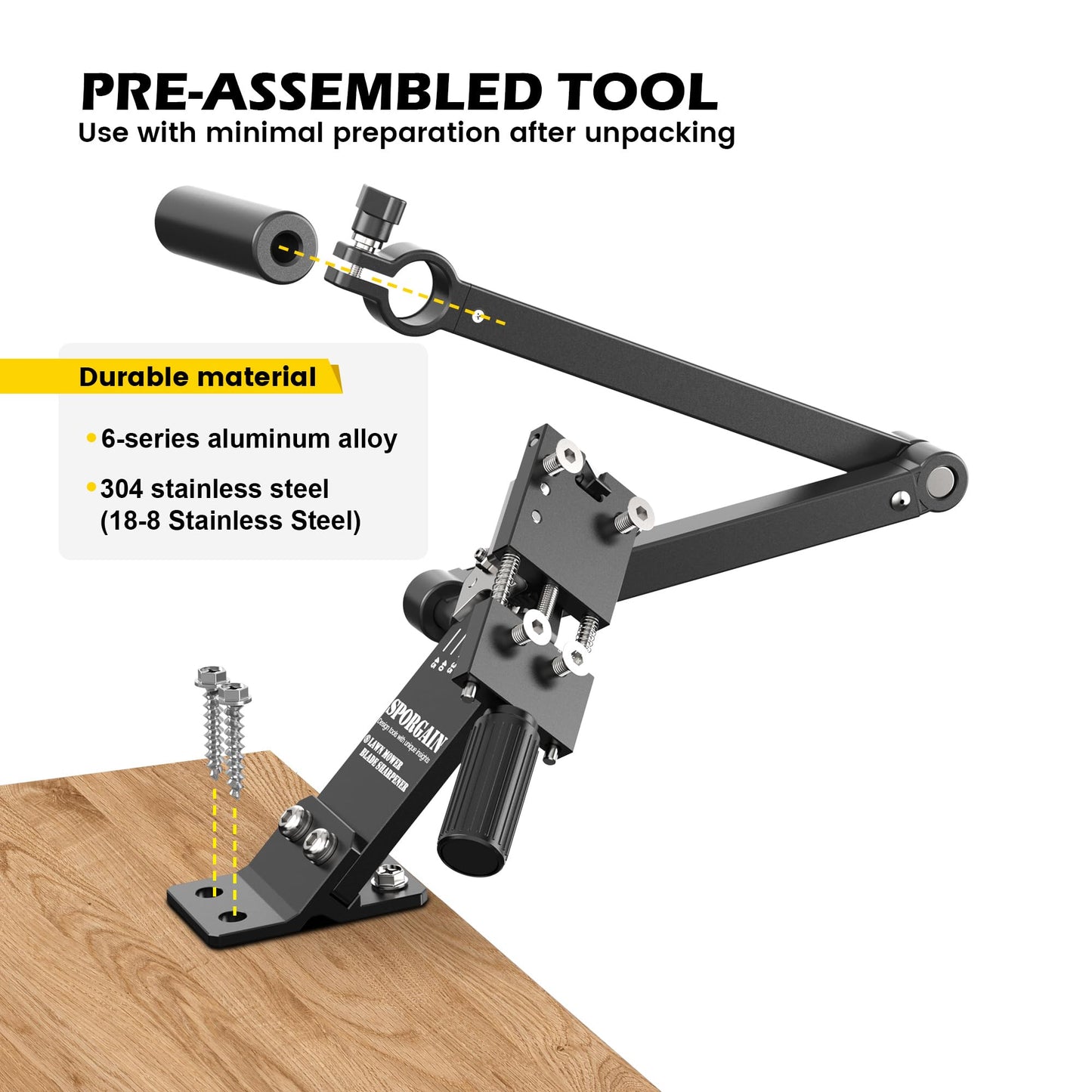 SporGain [Updated] Lawn Mower Blade Sharpener 15°-45° Adjustable Frame with Ball Bearing Manufacture Handle for Right & Left Hand Blades, Use with Angle Grinder, Black