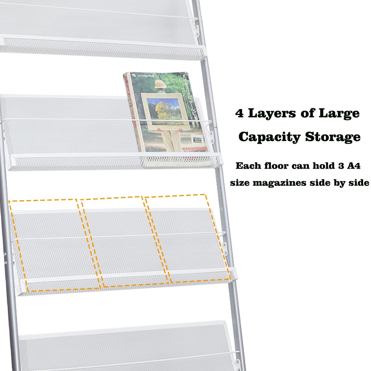 Vmsiuory 4-Layer Iron Magazine Rack with Wheels, Newspaper Rack, Display Rack, Silver (63)