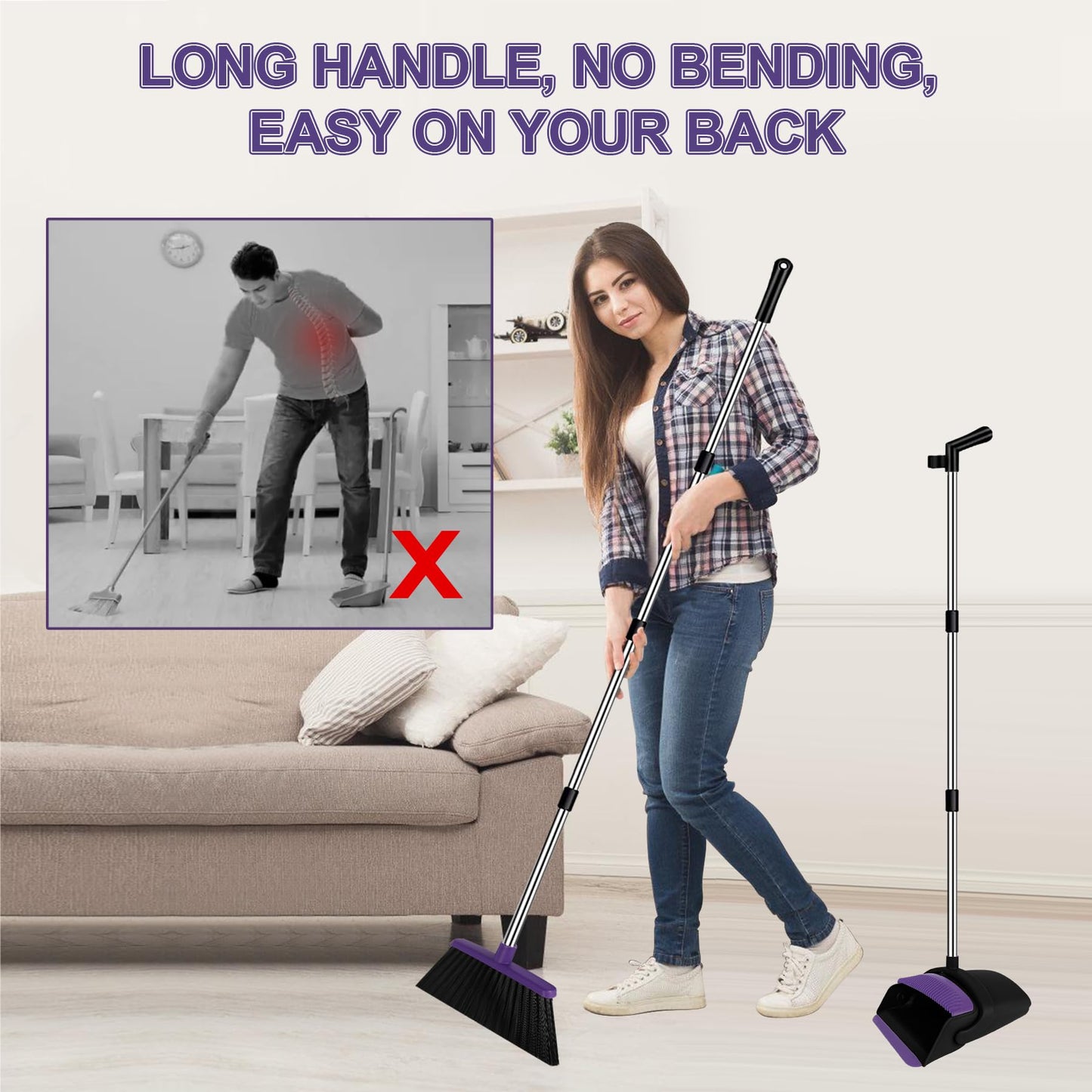 UDUK Broom with Dustpan Combo Set and Silicone Air Broom Kit, 51" Long Handle Floor Squeegee, Purple Household Kit for Glass Window Rugs Pet Hair Home