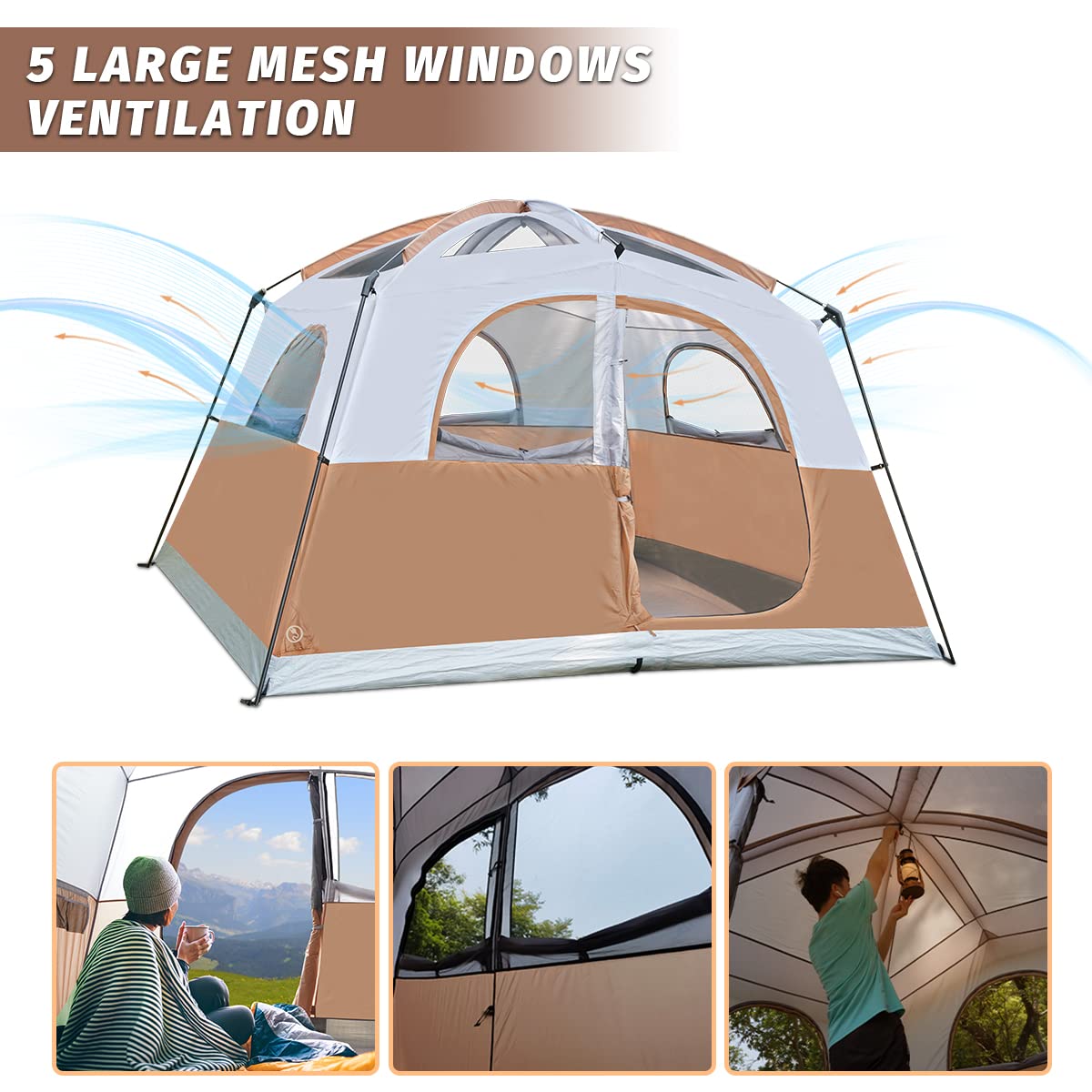 UNP 6 Person Tent for Camping, Easy Setup Cabin Tent Waterproof Windproof Family Camping Tent 1 Mesh Door & 5 Large Mesh Windows 10'X9'X78in(H)