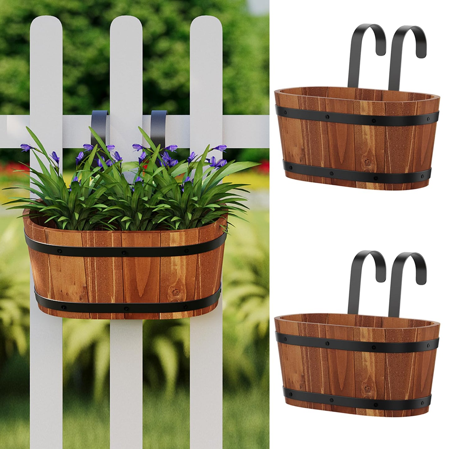 WELUKGUUD Hanging Wooden Flower Pots, Railing Planter for Any Balcony, Porch or Deck Countryside Style with Detachable Hooks for Garden Yard Home Decor (Brown)