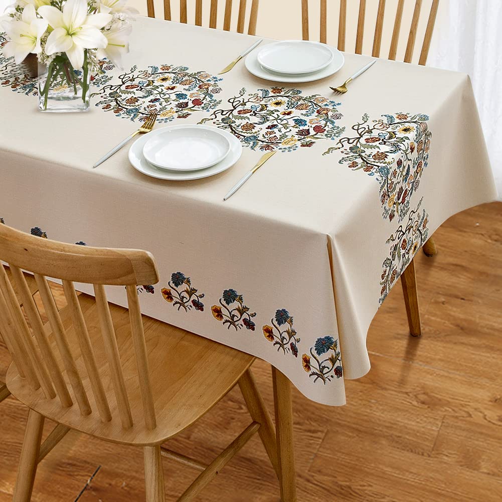 AIRCOWRIE Waterproof Vinyl Tablecloths, Heavy Duty Oil Proof Spill Proof Plastic Table Cloth, Wipe Clean PVC Table Cover for Spring Indoor and Outdoor Use (Embroidery Flower, 54”×78”, Rectangle)