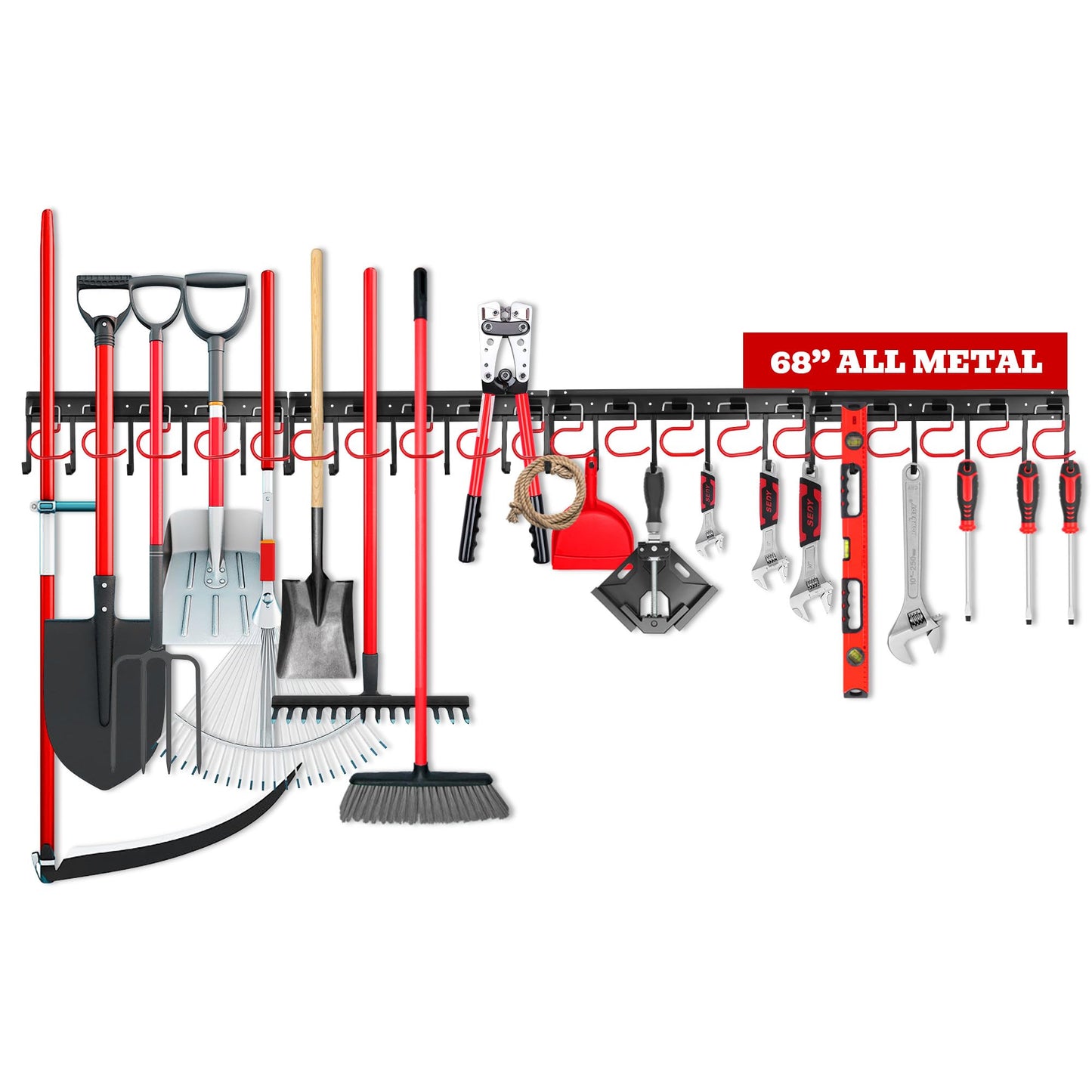 SEDY 68" All Metal Garden Tool Organizer Hooks - Garage Wall Organizer Sturdy Garden Tool Storage System Yard Tool Garage Tool Organizer Wall Mount Shed Organization Shovel Broom Rake Holder
