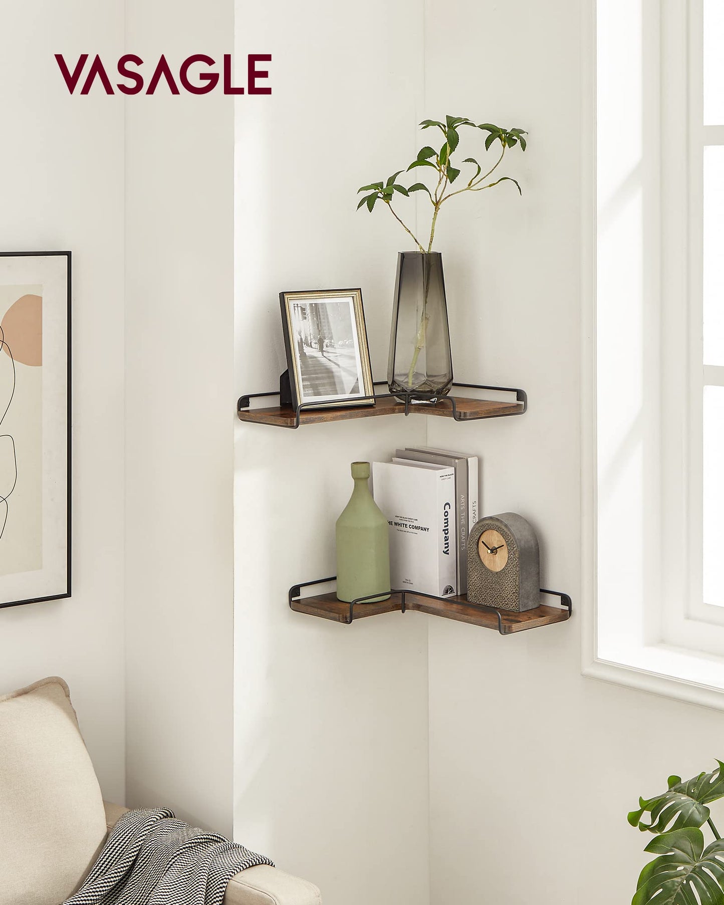 VASAGLE Corner Shelf Wall Mount Set of 2, Floating Shelves, Small Wall Shelf for Decor Storage, for Living Room Bedroom Kitchen Bathroom, Rustic Brown and Black ULLS831B01