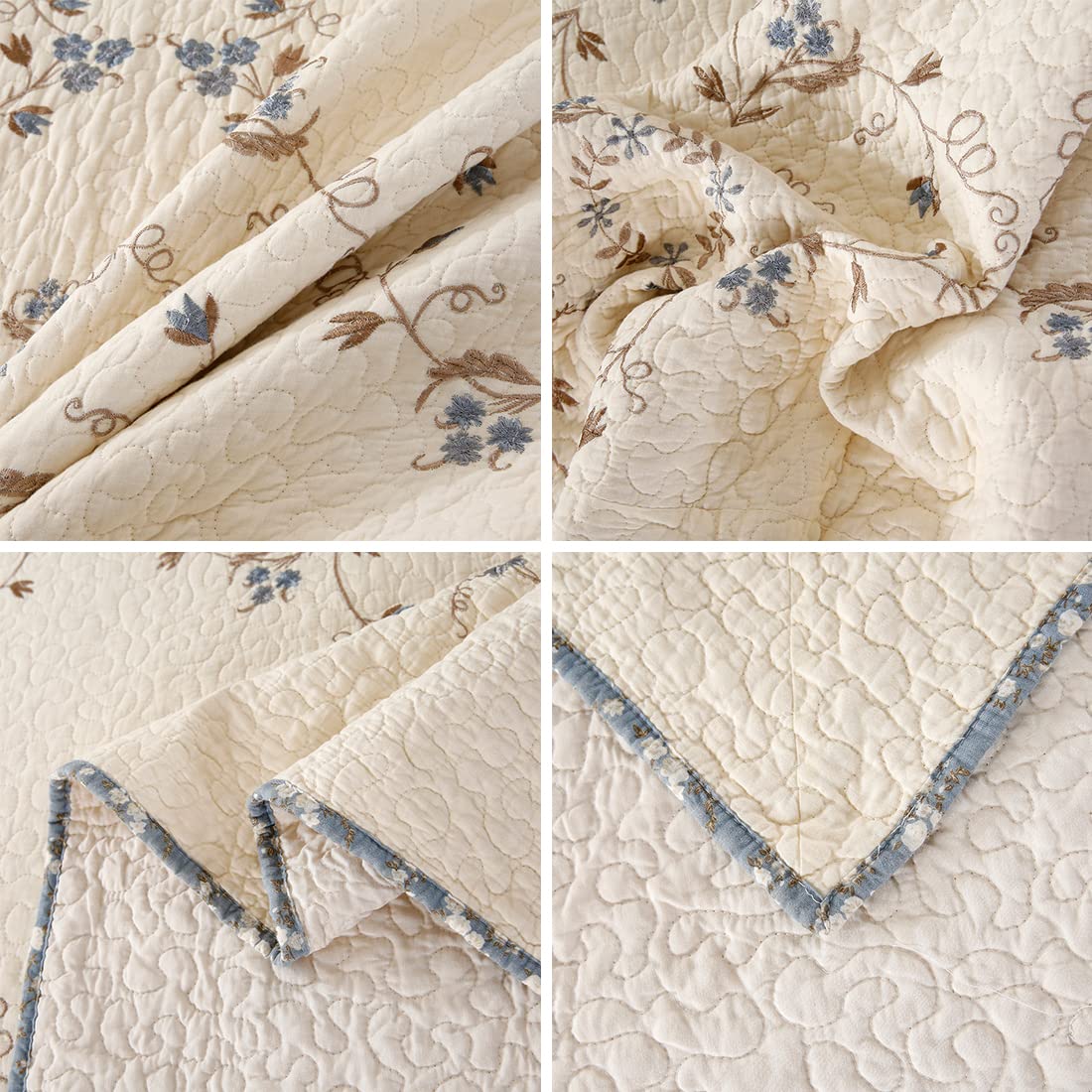 vctops 3-Piece Elegant Floral Embroidered Bedspread Coverlet Set Oversize Queen 100% Cotton Reversible Patchwork 1 Quilt and 2 Pillow Shams (Flower B,Oversize Queen)
