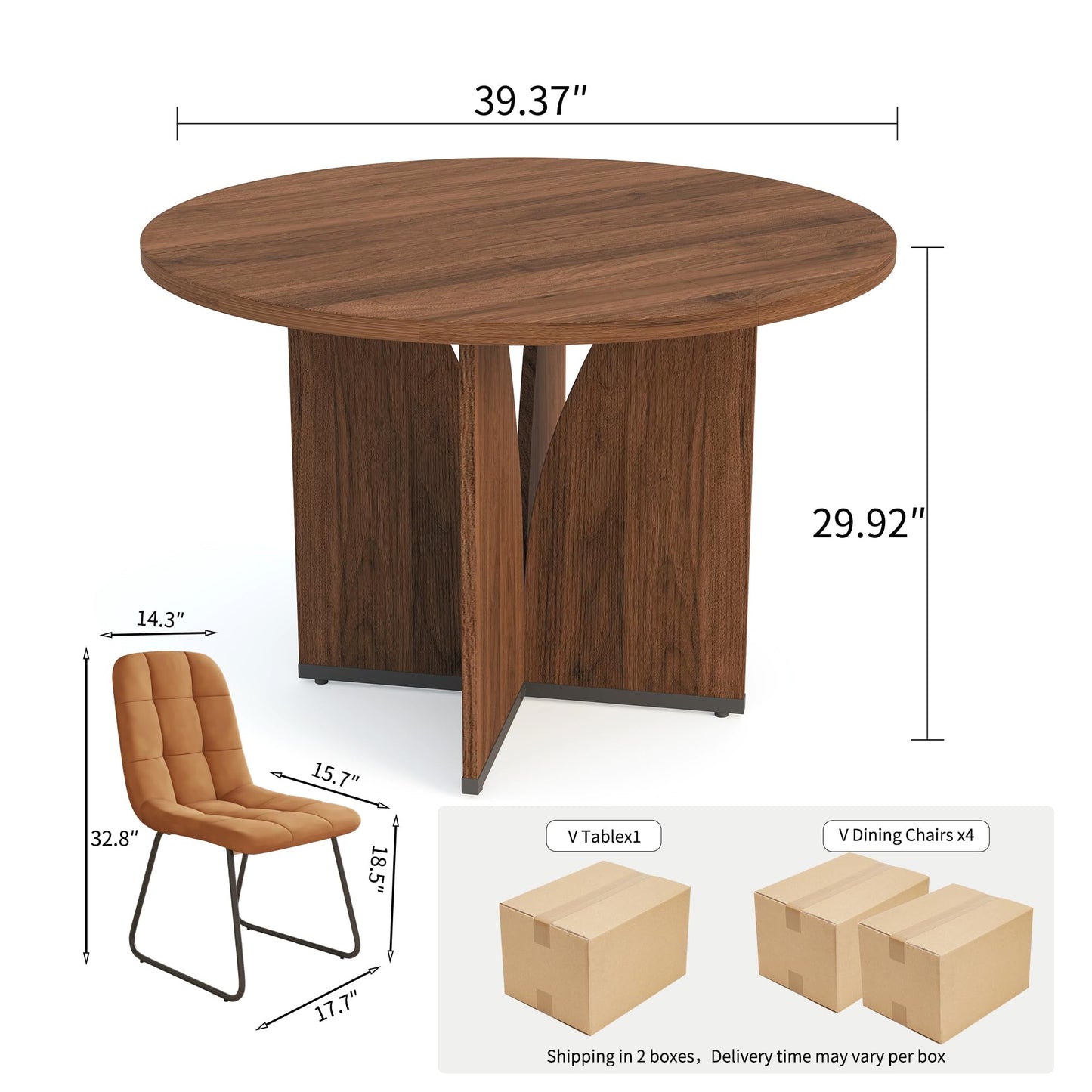 HIPIHOM Modern Round Dining Table Set for 4, 39.4" Walnut Kitchen Table with 4 PU Leather Chairs, 5-Piece Mid-Century Dining Room Set for Small Spaces, Pedestal Base