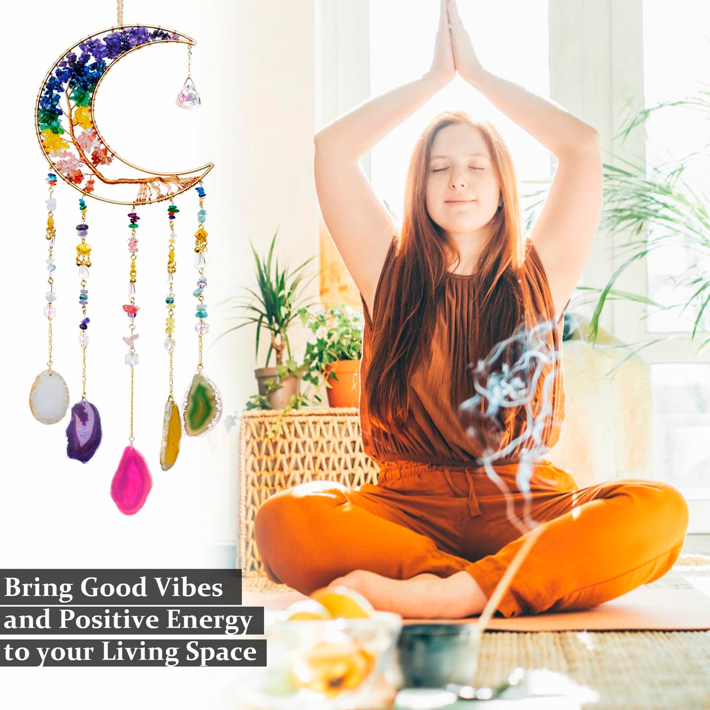 7 Chakra Crystal Wind Chimes, Moon Shaped Dream Catcher, Sun Catchers, Healing Crystal Decor, Reiki, Feng Shui Metal Art Wall Decor for Room, Bedroom, Home, Unique Gifts for Women for Good Luck