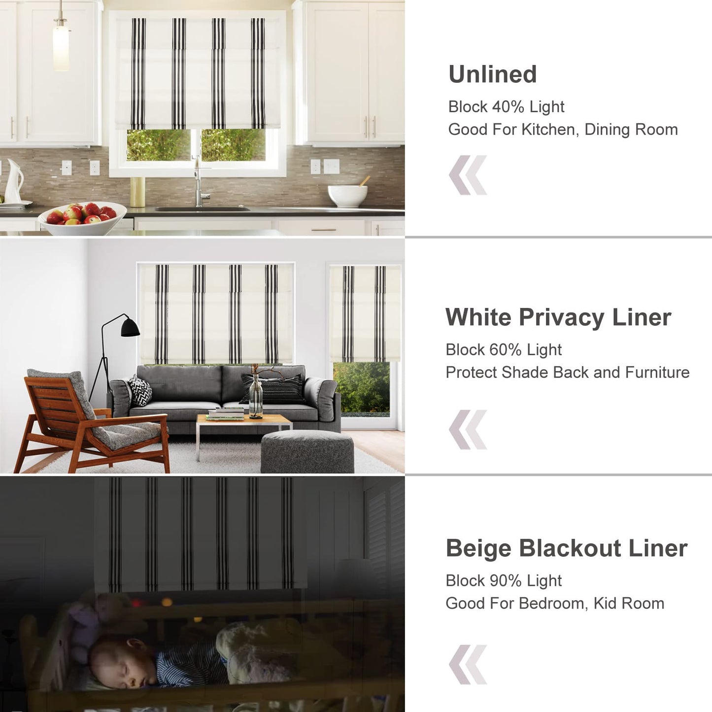 Cordless Roman Shades, Black Stripe Premium Blackout Roman Window Shades, Custom Washable Fabric Roman Shades for Windows, Doors, French Doors, Kitchen Windows (1 Piece)