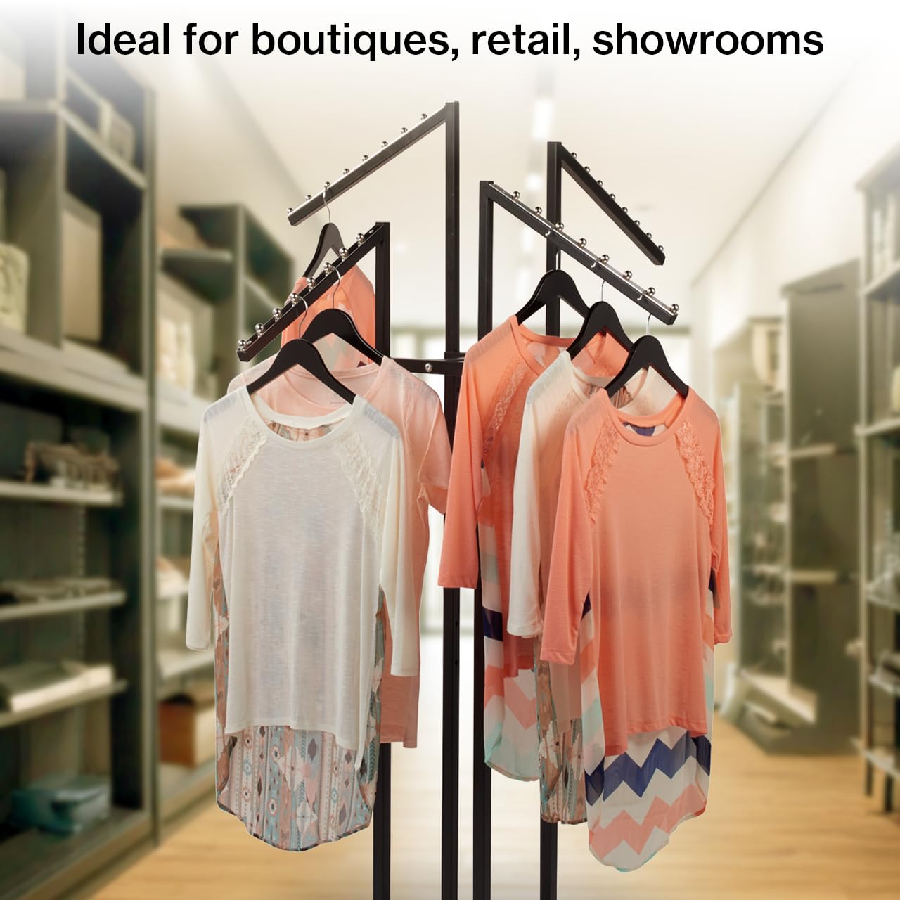 SSWBasics Black 4 Way Adjustable Clothing Rack with Slanted Arms - Retail Clothing Rack Display - Adjustable Height Arms from 48" to 72" Perfect for Clothing Stores