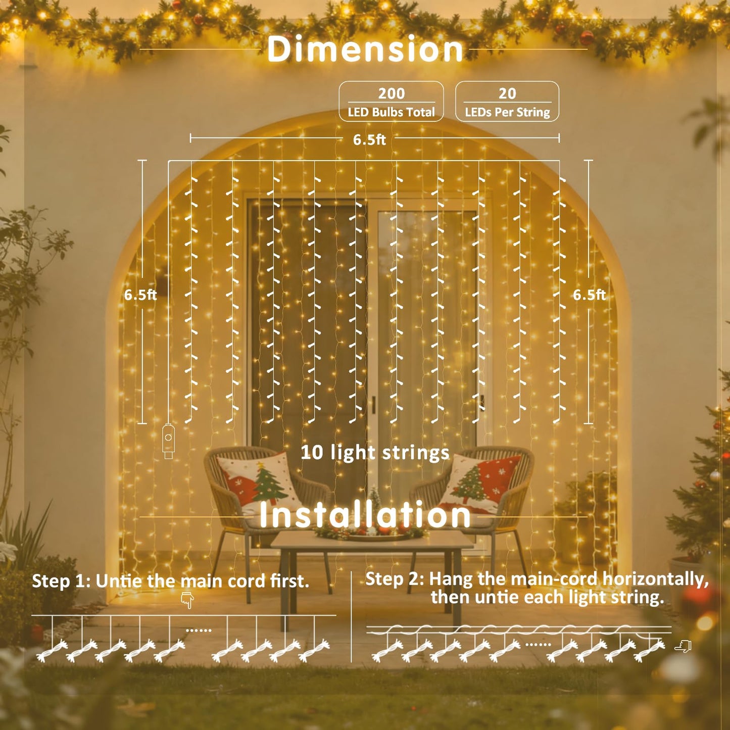 JMEXSUSS 200 LED Curtain Lights for Bedroom, Warm White Curtain Fairy Lights for Backdrop Indoor, USB Hanging String Lights with Remote for Wall Backdrop Wedding Party Decor, 6.5ftx6.5ft