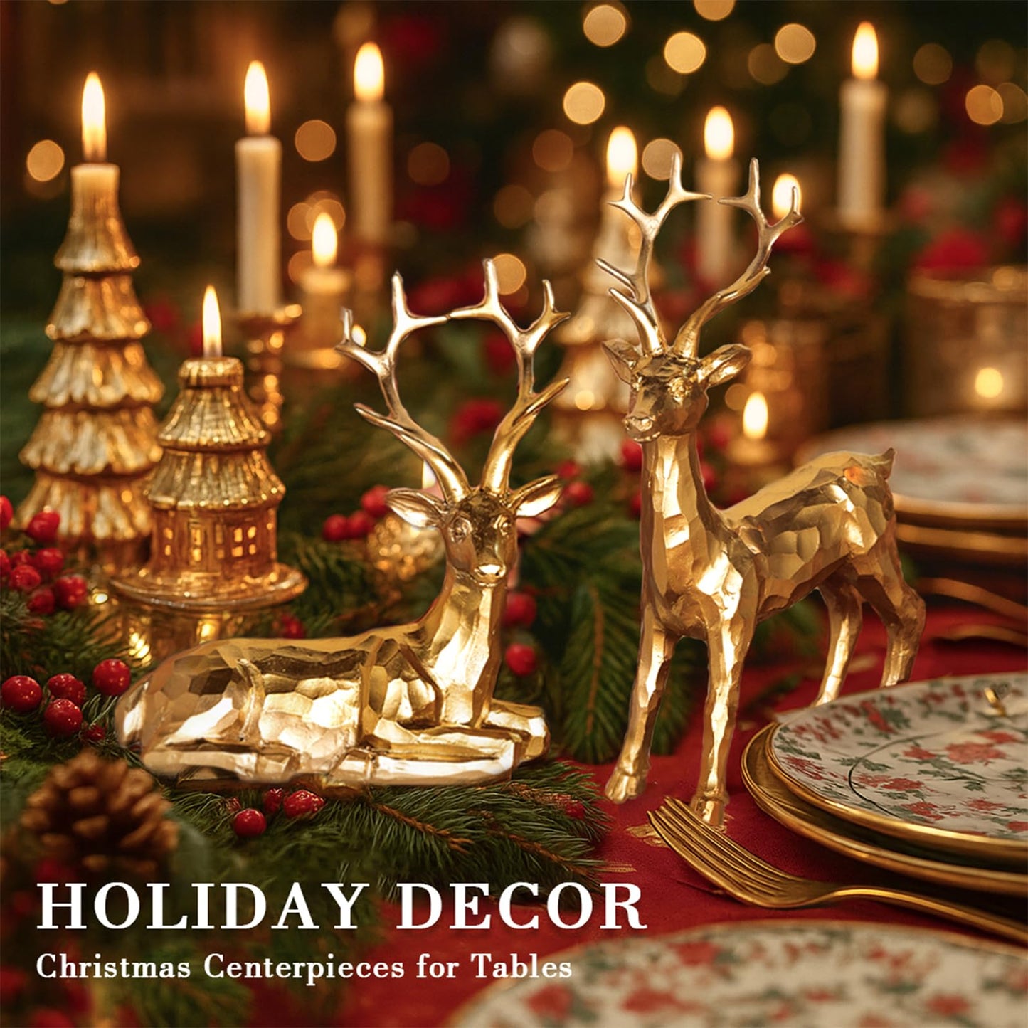 Gleemoria 5pc Gold & Silver Christmas Reindeer & Tree Statue Set; Tabletop Decor; Gold Deer Figurines