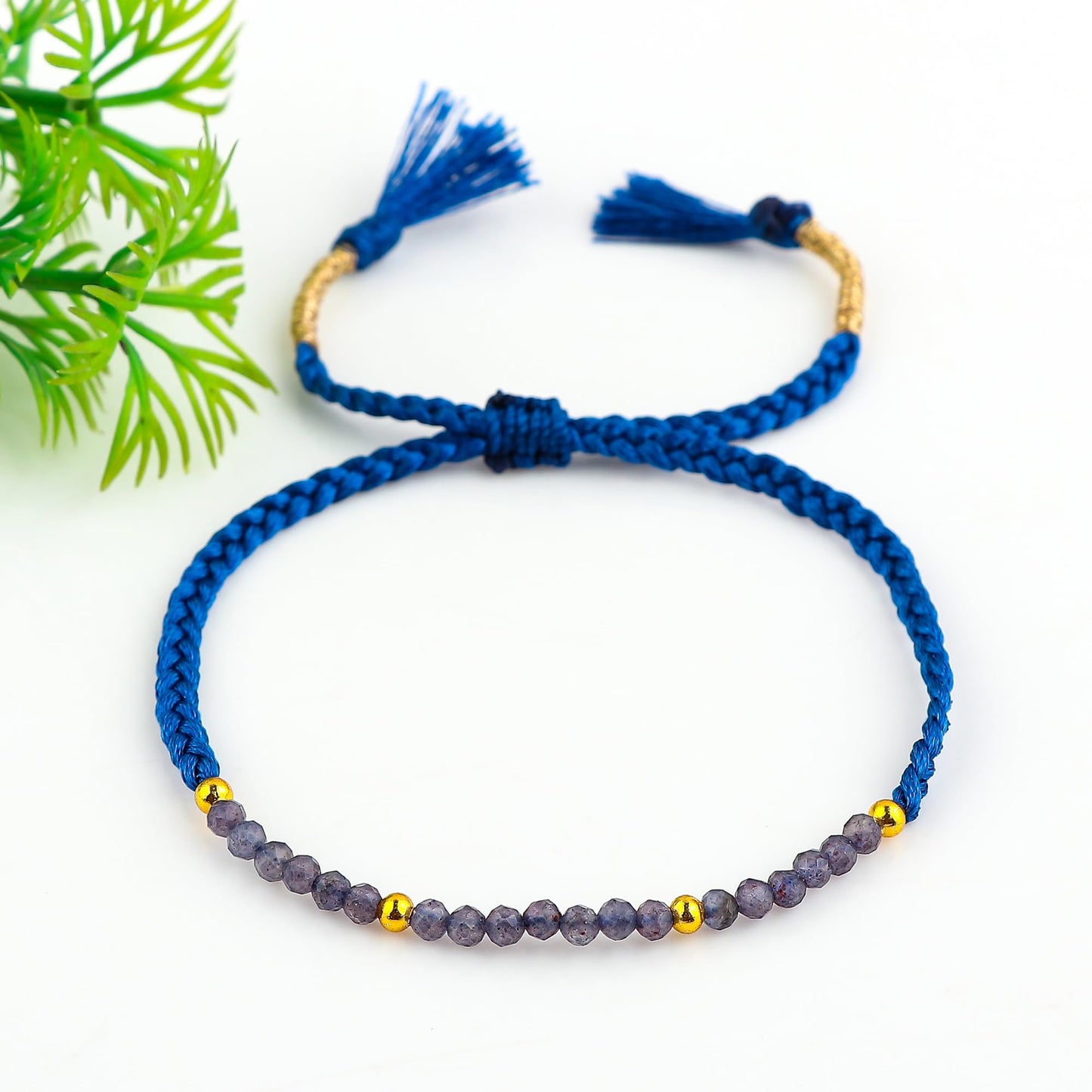 GEMSYMPHONY Iolite Gemstone Beads Braided Bracelet – 3.5mm Natural Stone Beads, Handmade Adjustable Braided Rope Bracelet, Healing Crystal Jewelry for Men & Women, Unisex Boho Gift (Iolite)