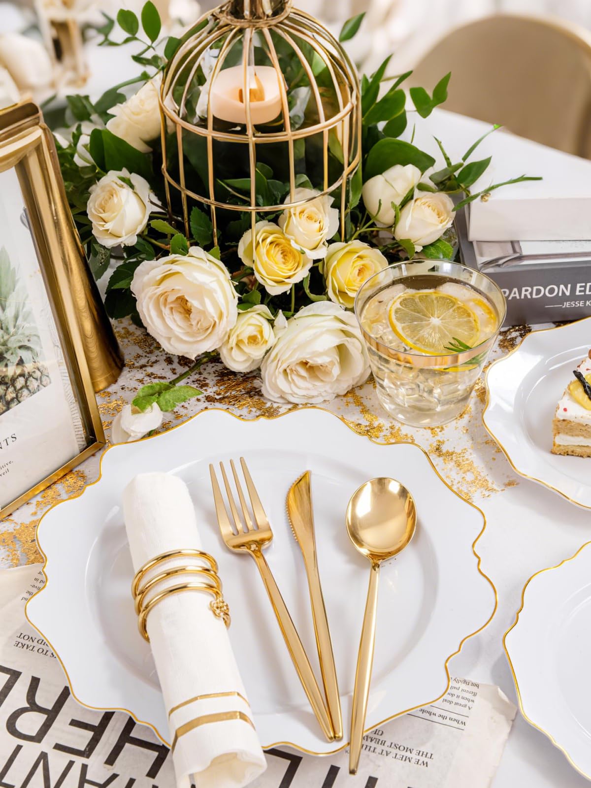 WDF 175Pcs Gold Plates Disposable - White and Gold Plastic Plates 25guest Plastic Dinnerware Ideal for Party/Wedding/First Communion/Spring/Mother's Day