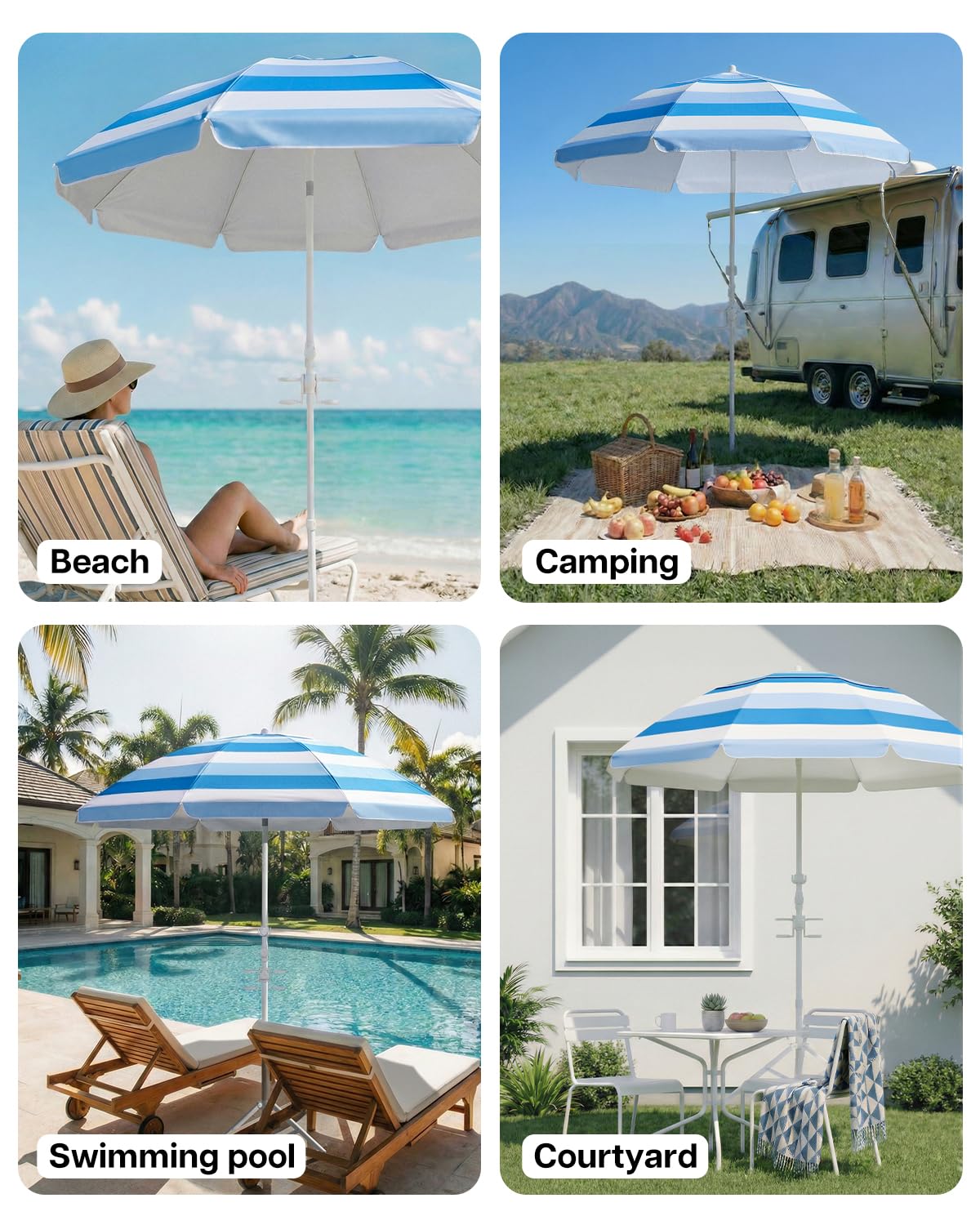 paramondo Portable Beach Umbrella with Cup Holder - 6.5FT Blue and White Striped Sun Umbrella, Adjustable Aluminum Alloy Pole, Windproof & UV Protection for Sand, Patio, and Backyard, Sea Rhythm