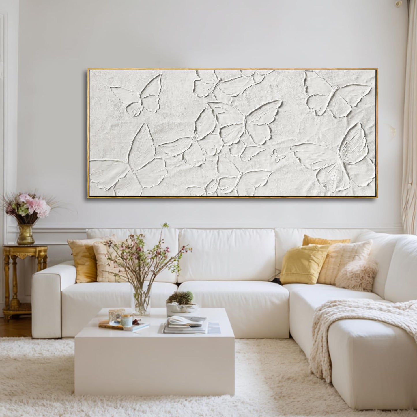 Hand-painted Butterfly Canvas Wall Art, 32x70 Inch White Abstract Framed Artwork for Living Room Decor