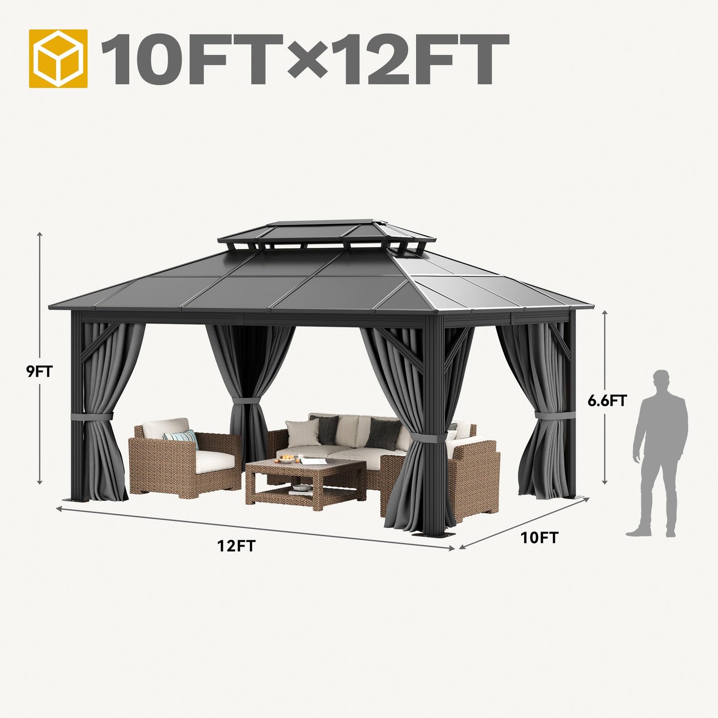 DWVO 10x12ft Gazebo Hardtop Double Roof Polycarbonate Canopy Outdoor with Netting and Shaded Curtains, Aluminum Frame Garden Tent for Patio, Backyard, Deck and Lawns, Gray