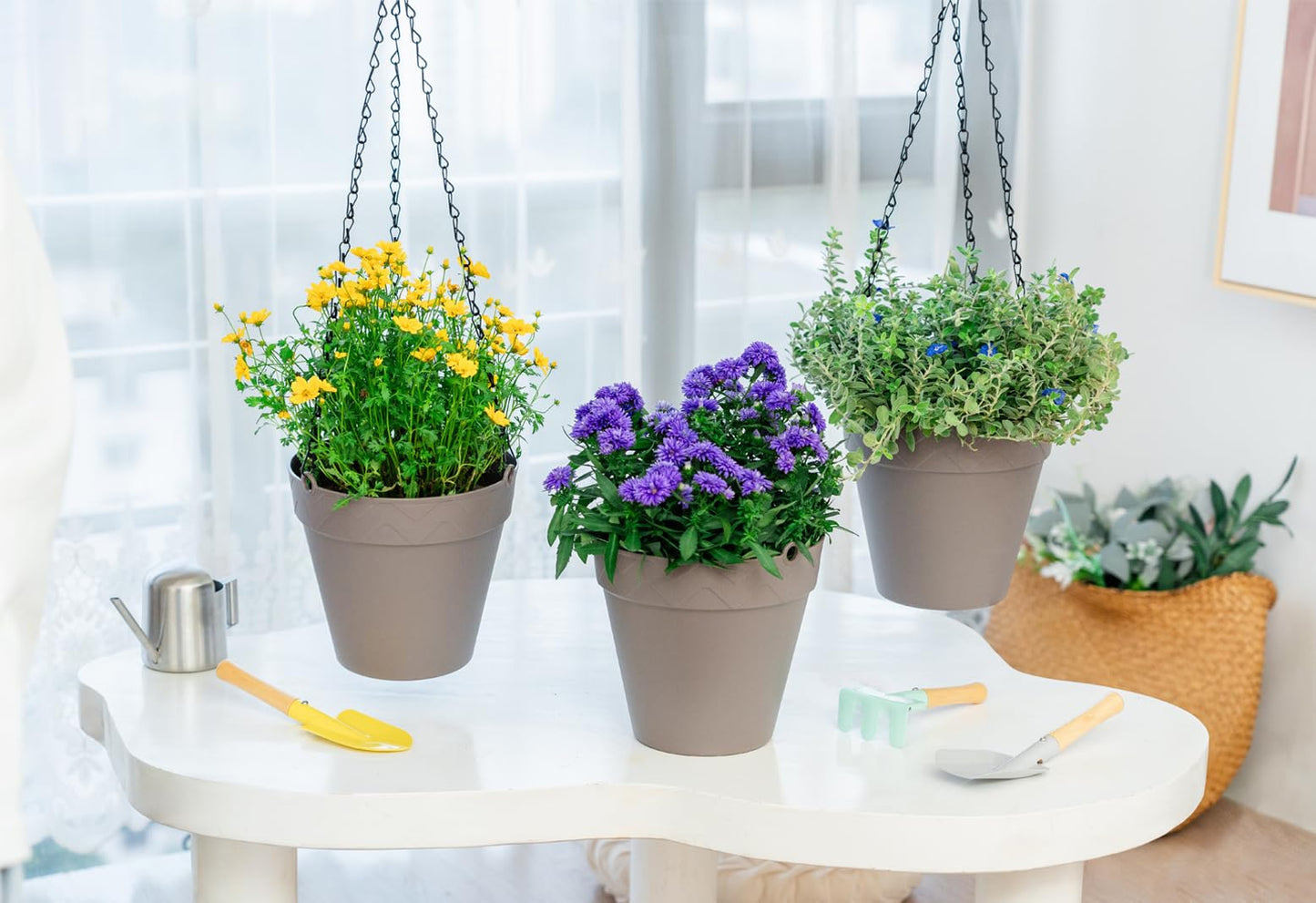 Melphoe Hanging Planter for Indoor Plants Self Watering, 8 Inch 3 Pack Plant Holder Hanging Flower Pots Outdoor Basket with Perforated Insert and Drainage Holes (Grey)