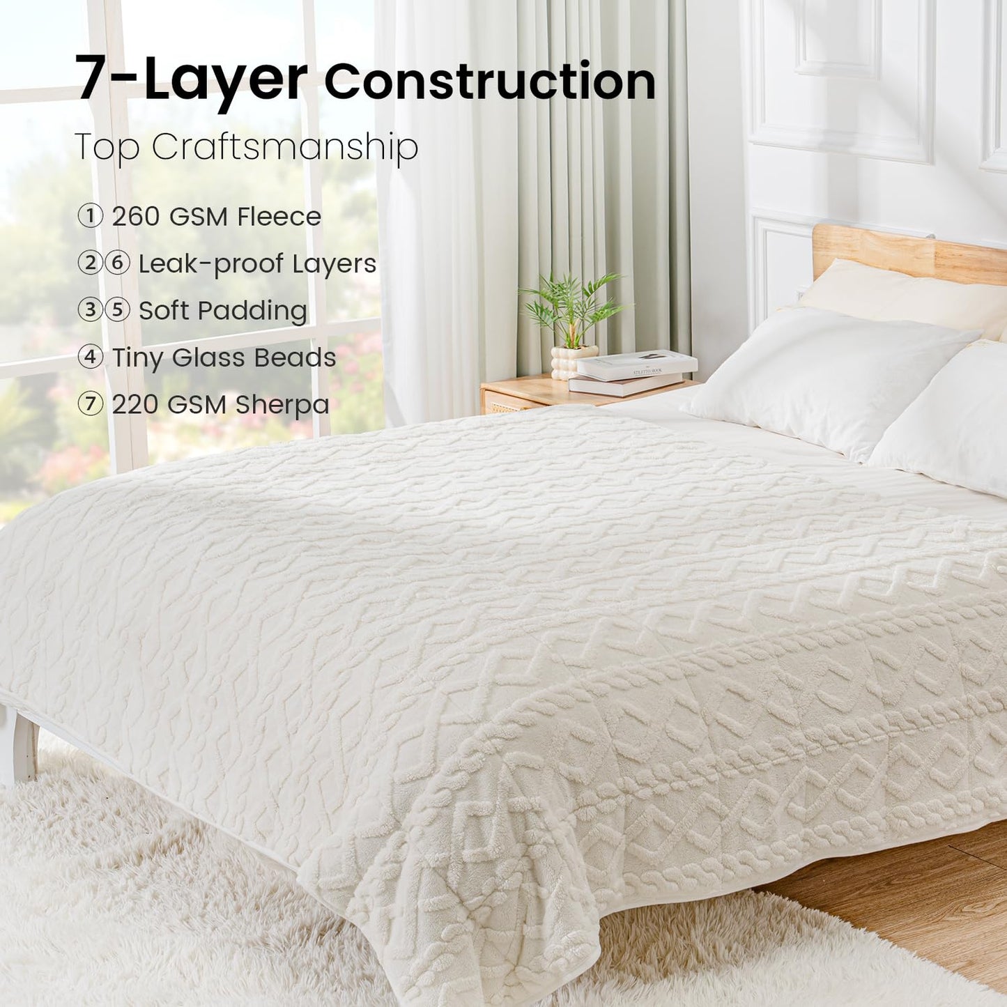 Drewin Weighted Blanket 15lbs Queen Size, Soft and Thick Jacquard Sherpa Heavy Blanket for Calming and Relax, Dual Sided Ultra Soft Fuzzy Throw Blanket with Ceramic Beads, 60 x 80 inches, Cream White