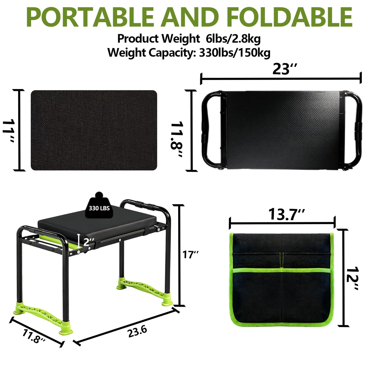 Garden Kneeler and Seat, Heavy Duty Gardening Stool with 1.8" Thick Detachable Kneeling Pad, Foldable Bench Chair with 2 Tool Pouches for Knee & Back Pain Relief for Women, Men, Seniors (Green)