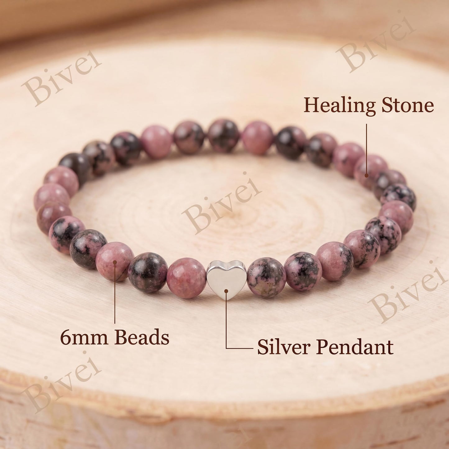 Bivei 6mm Rhodonite Crystal Stretch Bracelets for Women, Handmade Natural Stone Beaded Bracelet, Yoga Protection Jewelry Gift