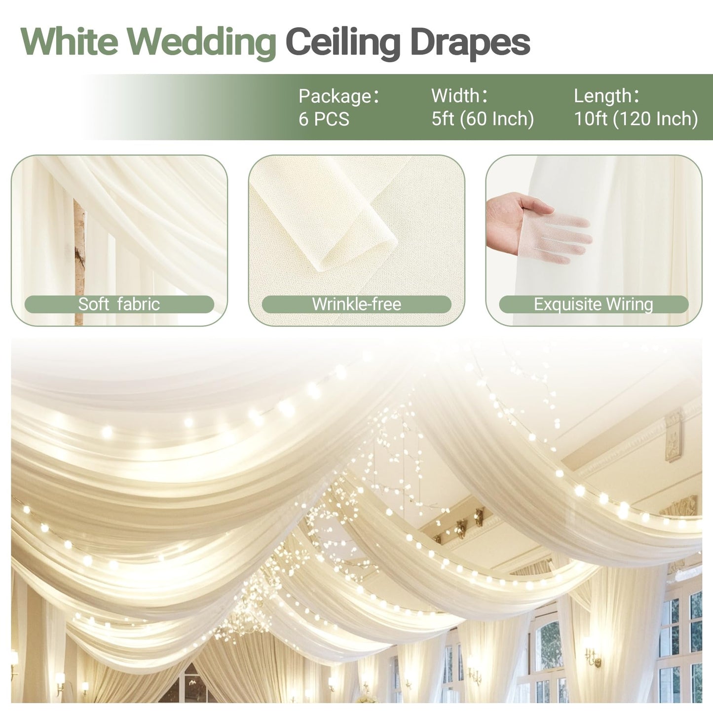 Ivory Ceiling Drapes with Lights - String Drapes for Wedding & Party Decorations - 5ftx10ft Sheer Tulle Curtains