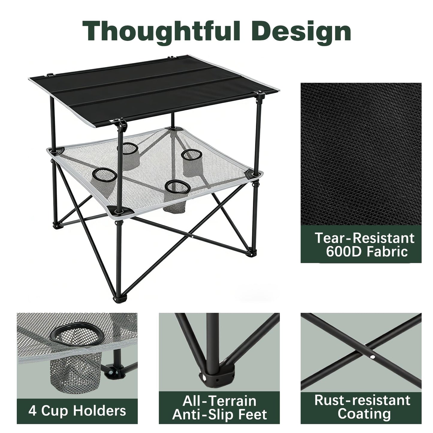SUNNYFEEL Folding Camping Table- Collapsible Portable Beach Table with 4 Cup Holders & Carry Bags, Tailgate Table for Outdoor Excursion Picnic Hiking Fishing Travel Parties, Black