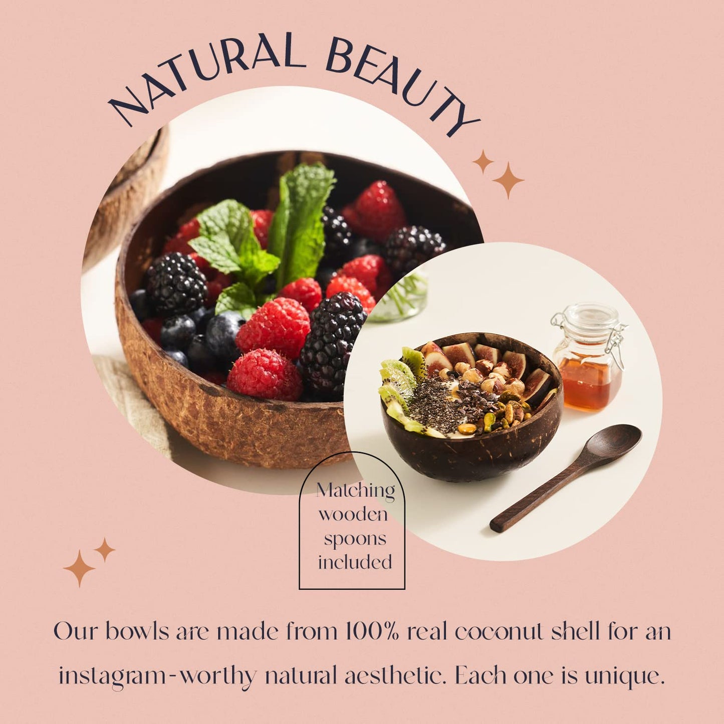 COCOBOWLCO Coconut Bowl Set with Wooden Spoons – Handcrafted Eco-Friendly Acai Bowls, Yogurt Bowls & Smoothie Bowls – Ideal for Ninja Creami, Cereal & Snacks (4, Polished)