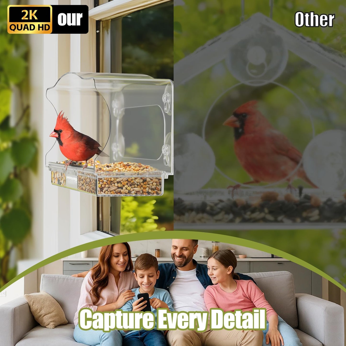 Freeseason Waterproof Smart Bird Feeder Camera with AI ID, 2K HD Glare-Free Video. All-Weather Outdoor Window Mount. Unique Gifts for Elderly Parents, Kids, Birding Lovers & Gardeners