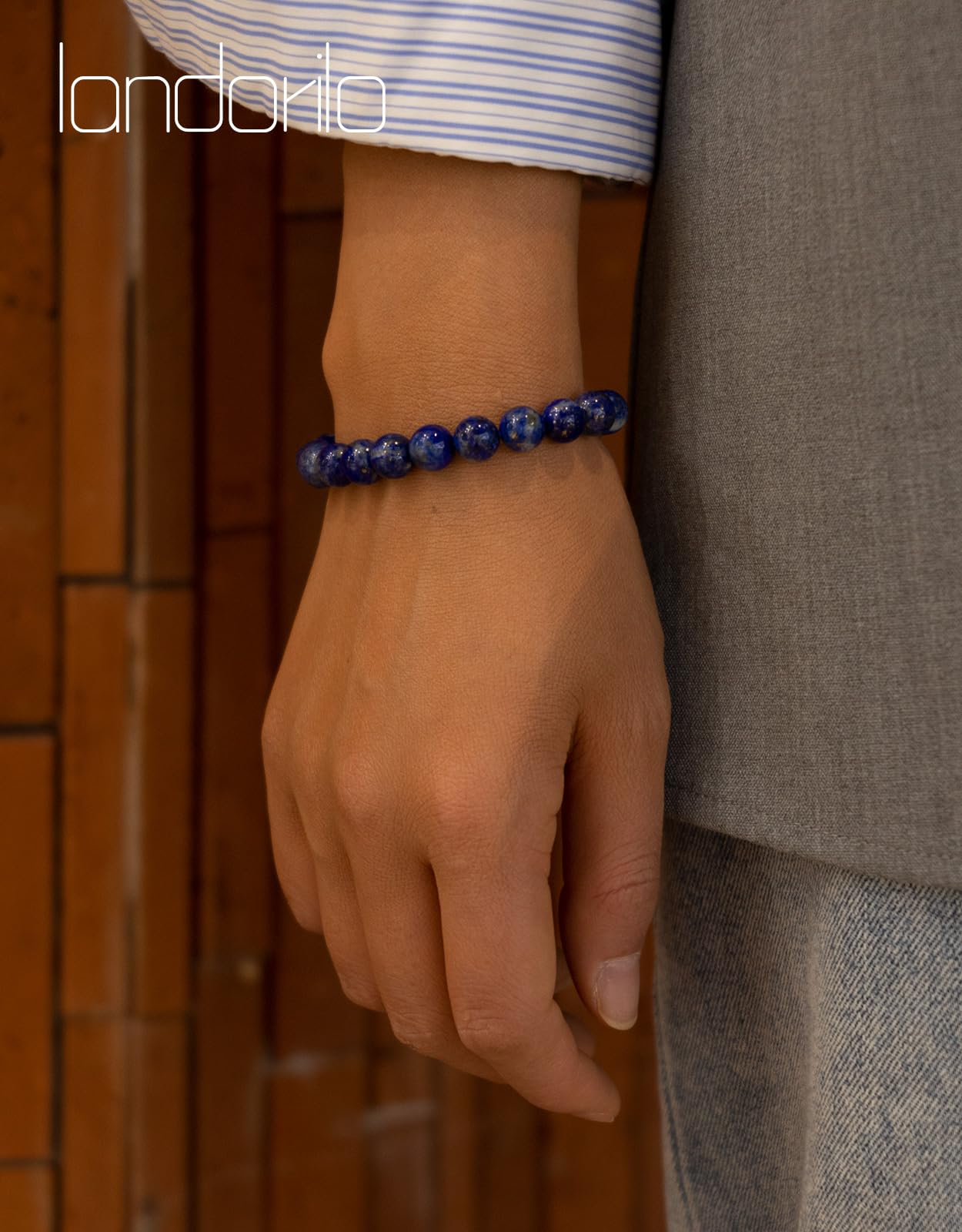 Landorilo Beaded Bracelet for Men Women, 8mm Natural Stone Lapis Lazuli Healing Crystal Stretch Bracelets, Ideal Christmas Birthday Jewelry Gifts with Energy Card，Replacement Beads Included