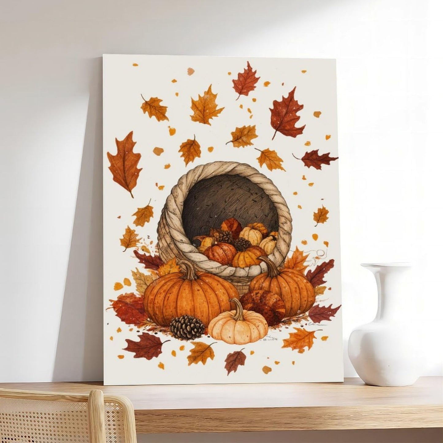 XAHOR Thanksgiving Harvest Illustration, Pumpkins, Cornucopia And Falling Leaves, Modern Festive Wall Decor Poster for Room Aesthetics Canvas Wall Art Poster And Print 12x18inch(30x45cm)