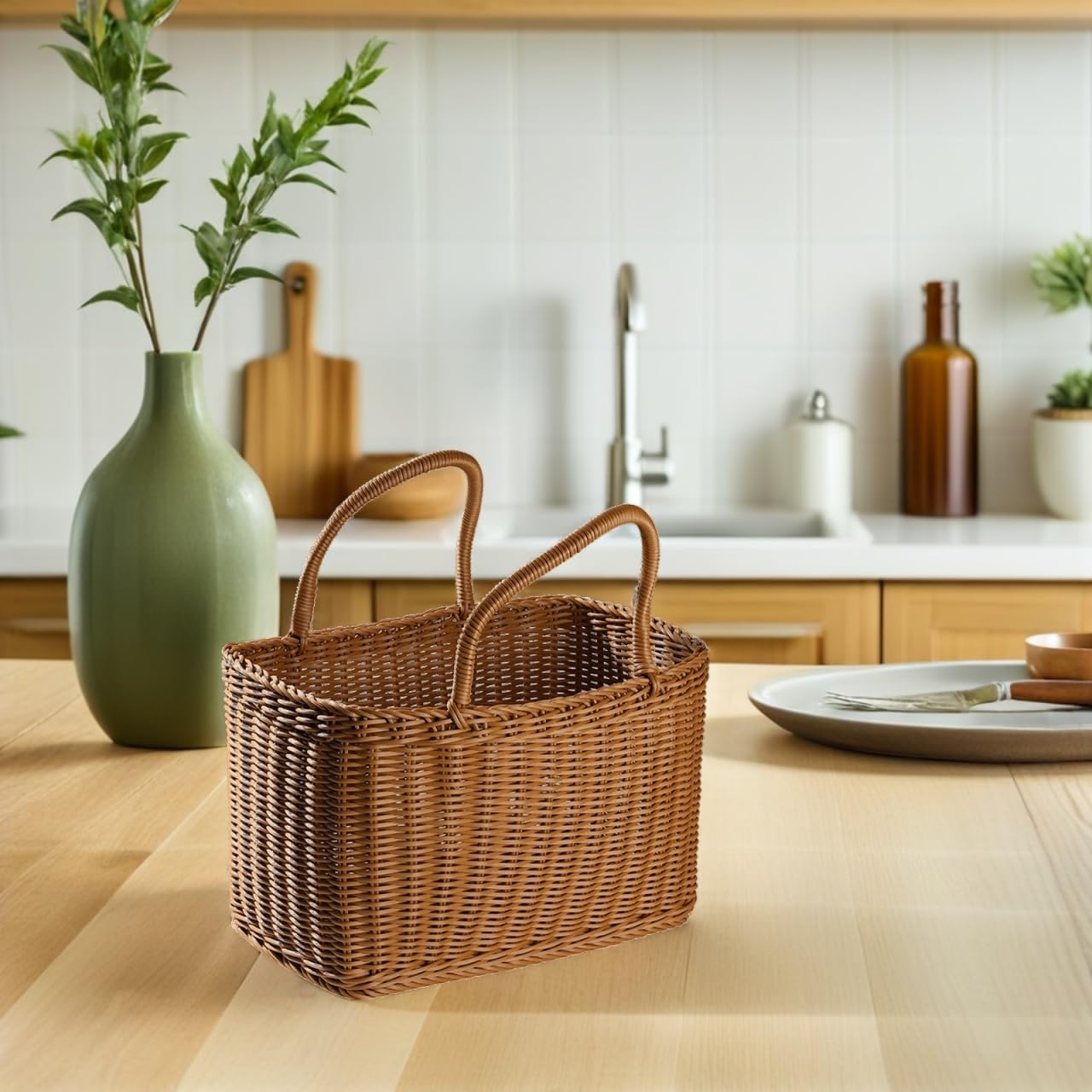 IMIKEYA Plastic Woven Picnic Basket with Handle - Woven Shopping Basket 14.7x7.7x6.7 Inch Store Container for Fruits Food Flowers Bread Organizer