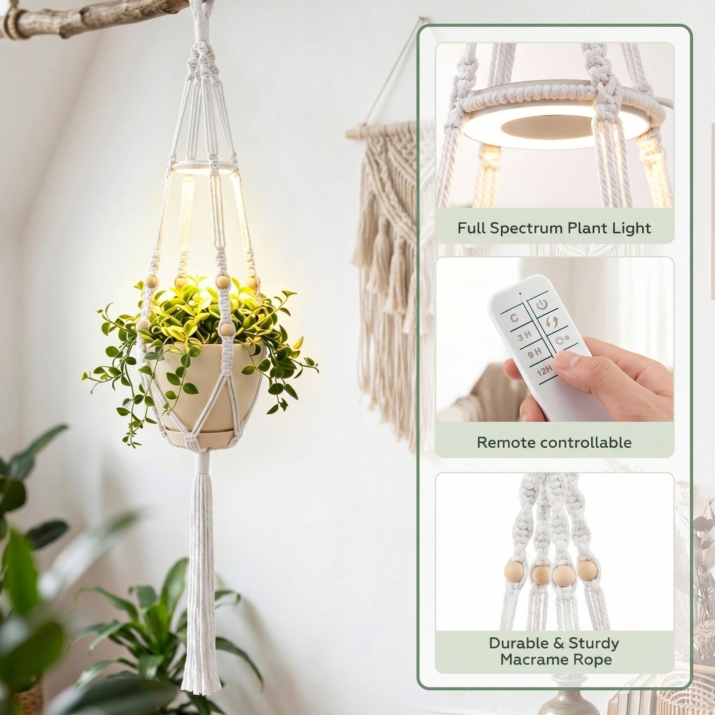 Huquary 3 Pack Macrame Plant Hanger with Grow Light Hanging Boho Planter Basket Flower Holder and Hanging Remote Grow Lights for Indoor Plants Suitable for Different Size Pots(White)