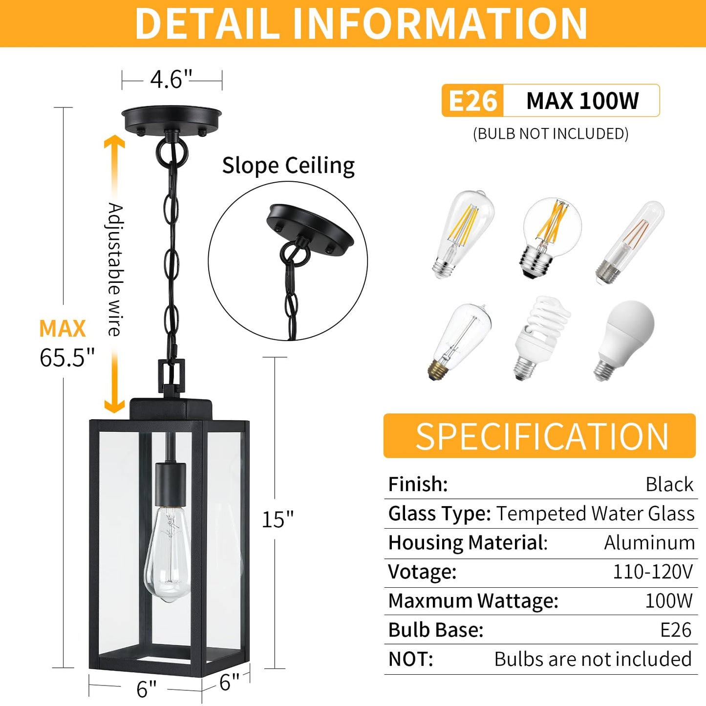 15'' Outdoor Pendant Light, Modern Outside Chandelier Outdoor Hanging Lantern Light, Matte Black with Clear Glass, Exterior Pendant Lighting Fixture Ceiling Mount for Porch, Entryway, Gazebo, 1Pack