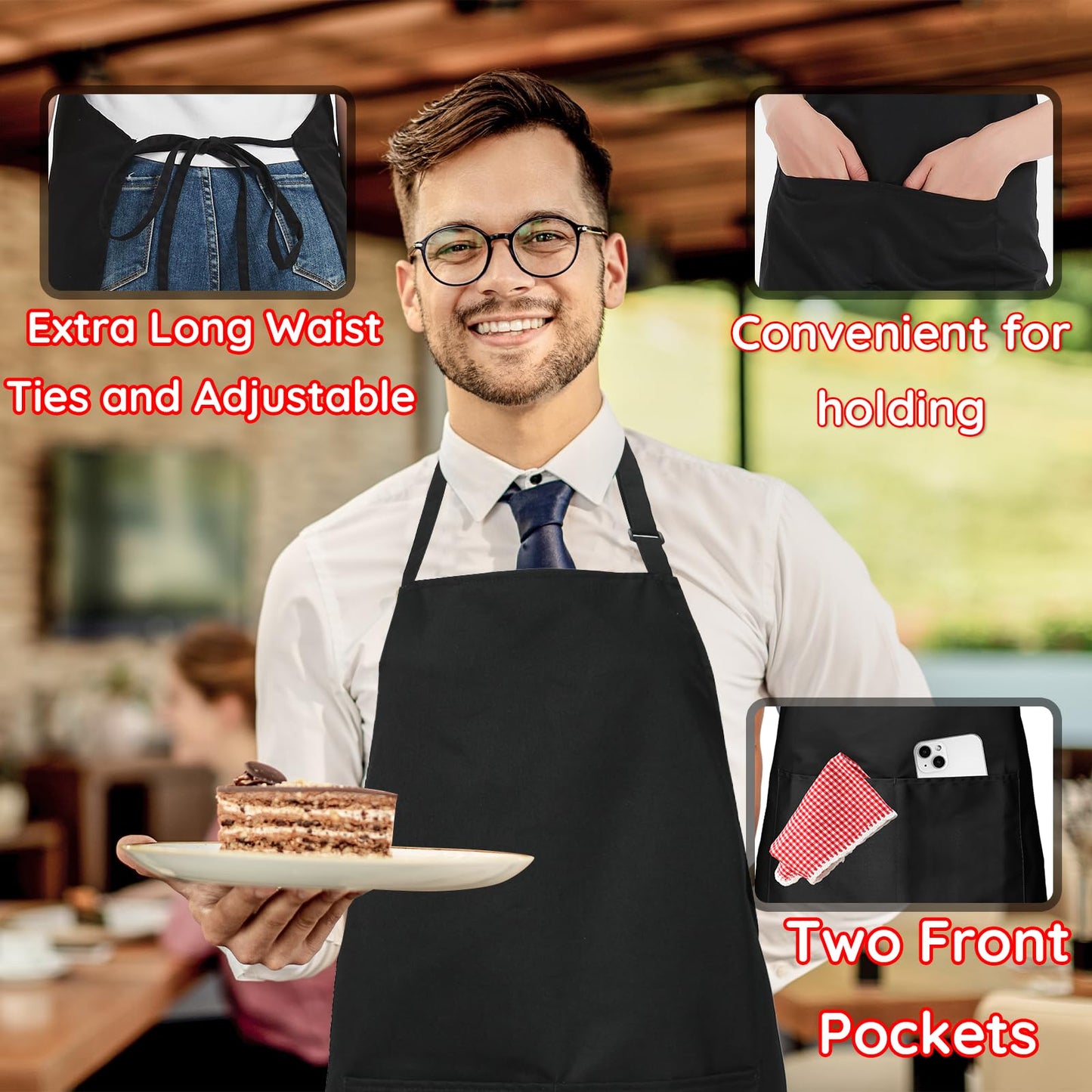 loteaf 4 Packs Chef Apron, Black Waterproof Apron, Adjustable Aprons with 2 Pockets for Men Women, Professional Aprons for Kitchen Cooking Gardening Painting Baking Restaurant (Black)
