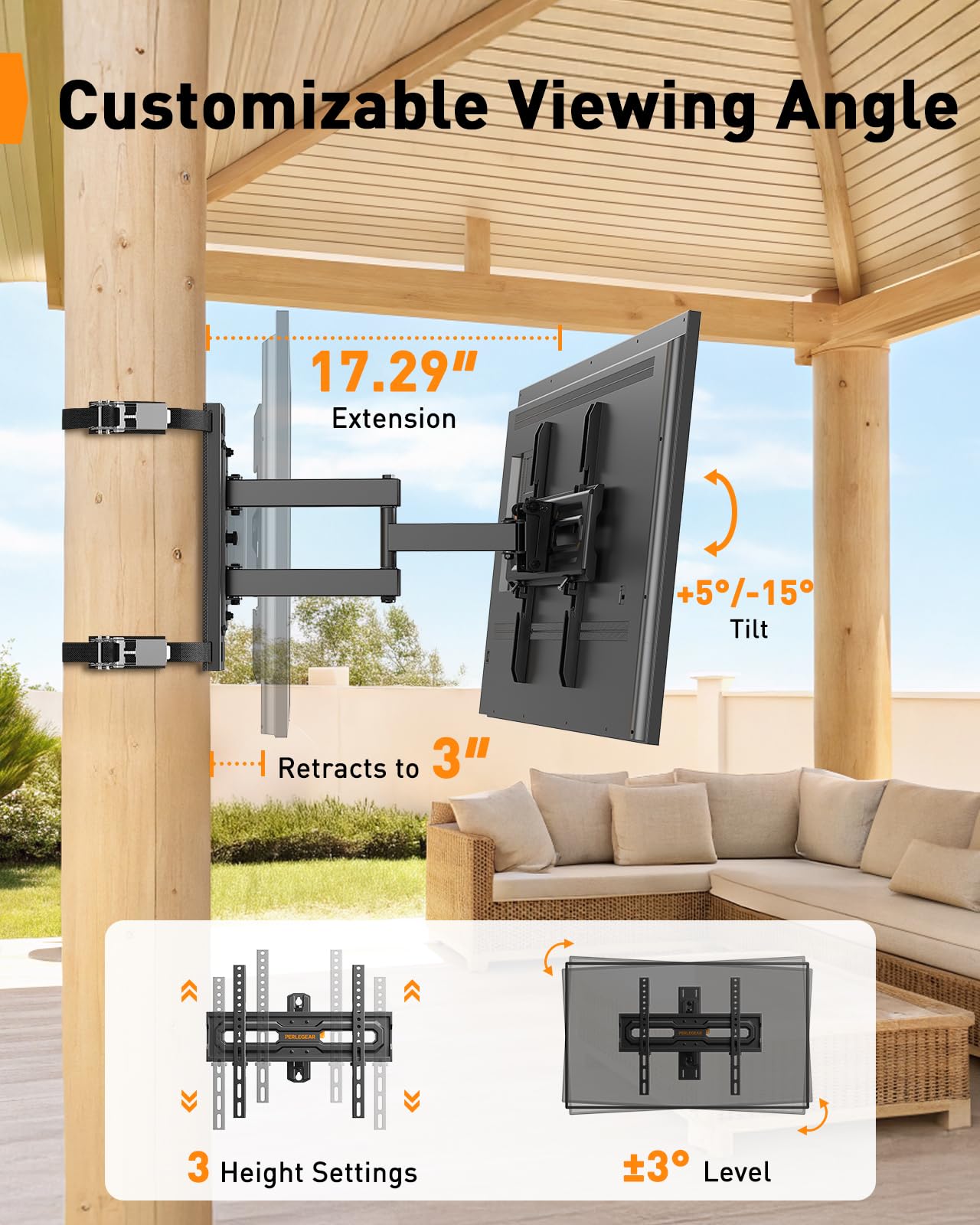 Perlegear Gazebo TV Mount for Most 26"-74" TVs, No Drill Pillar TV Mount for Round & Square Columns, Full Motion TV Post Mount for Gazebo, Pole, Patio & Pergola, Holds up to 88 lbs, Max VESA 400x400mm