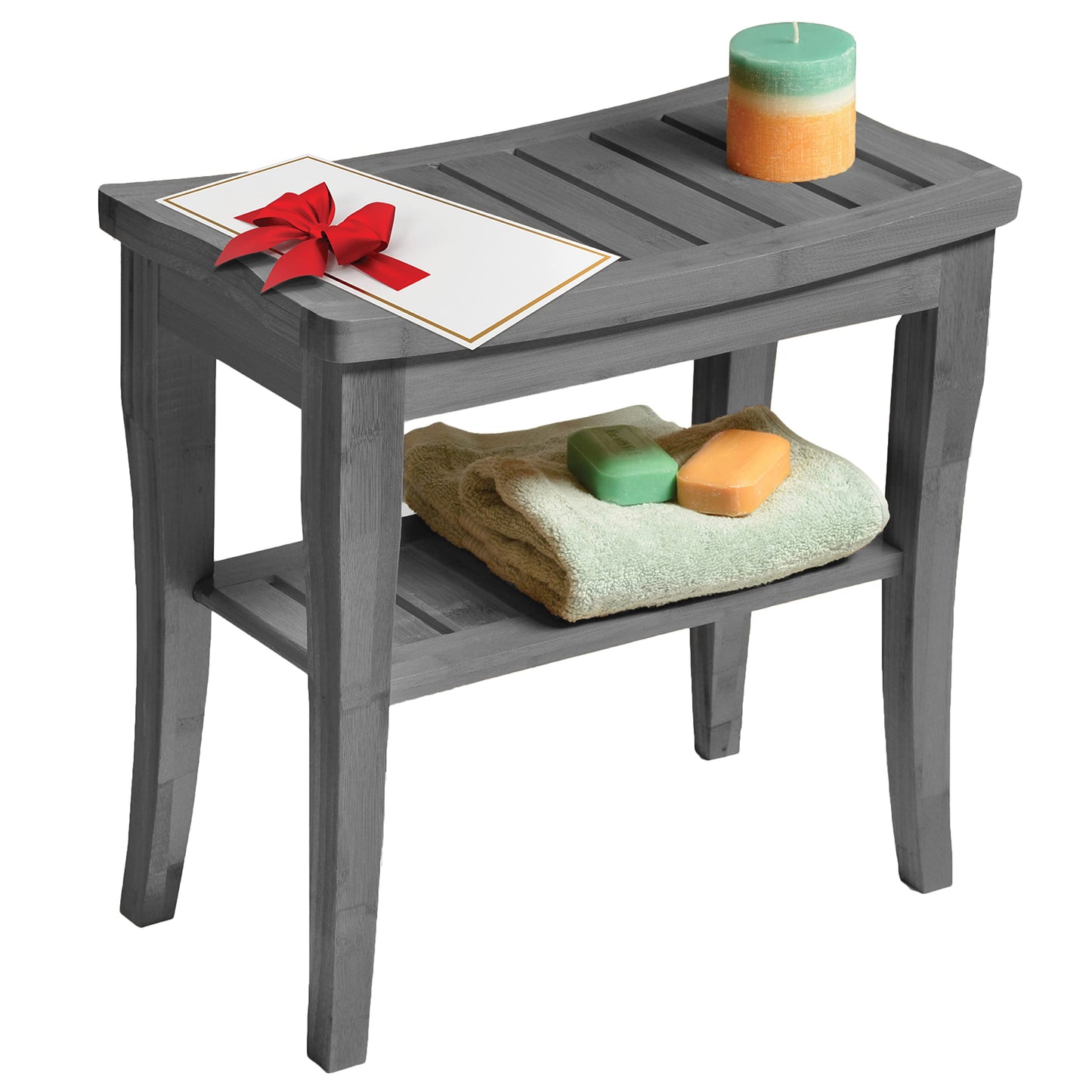 Grey Shower Bench - Small Wooden Shower Stool with Storage Shelf, Non-Slip Bathroom Seat, Spa Decor Bath Bench, Foot Rest Shaving Stool for Shower, Indoor Outdoor Use, Great Gift Idea (17" x 9 x 17)