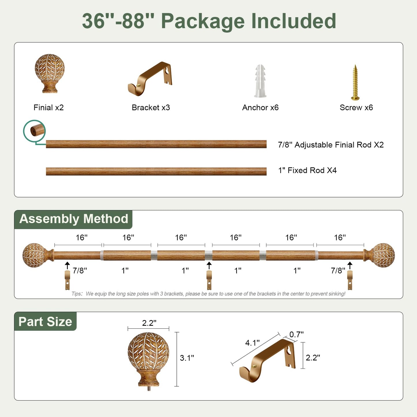 QDWIS Wood Curtain Rods for Windows 48 to 84 Inch,1'' Diameter Drapery Rods with Imitation Wood Grain Leaf Pattern Finials,Boho Adjustable Heavy Duty Curtain Rods Set,36-88'',Color:Natural Wood