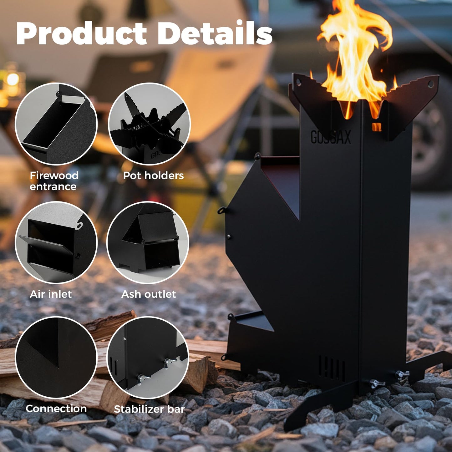 Rocket Stove for Cooking Portable Wood Burning Wood Fire Camping Backyard Cooking Outdoor Events BBQ Comes with Storage Bag