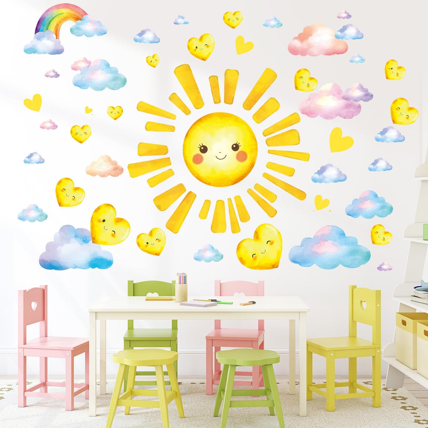 SHUCHING Large Sun Wall Sticker Peel and Stick, Vinyl Cloud Heart Wall Decal, Wall Decor for Kids Bedroom Nursery Playroom