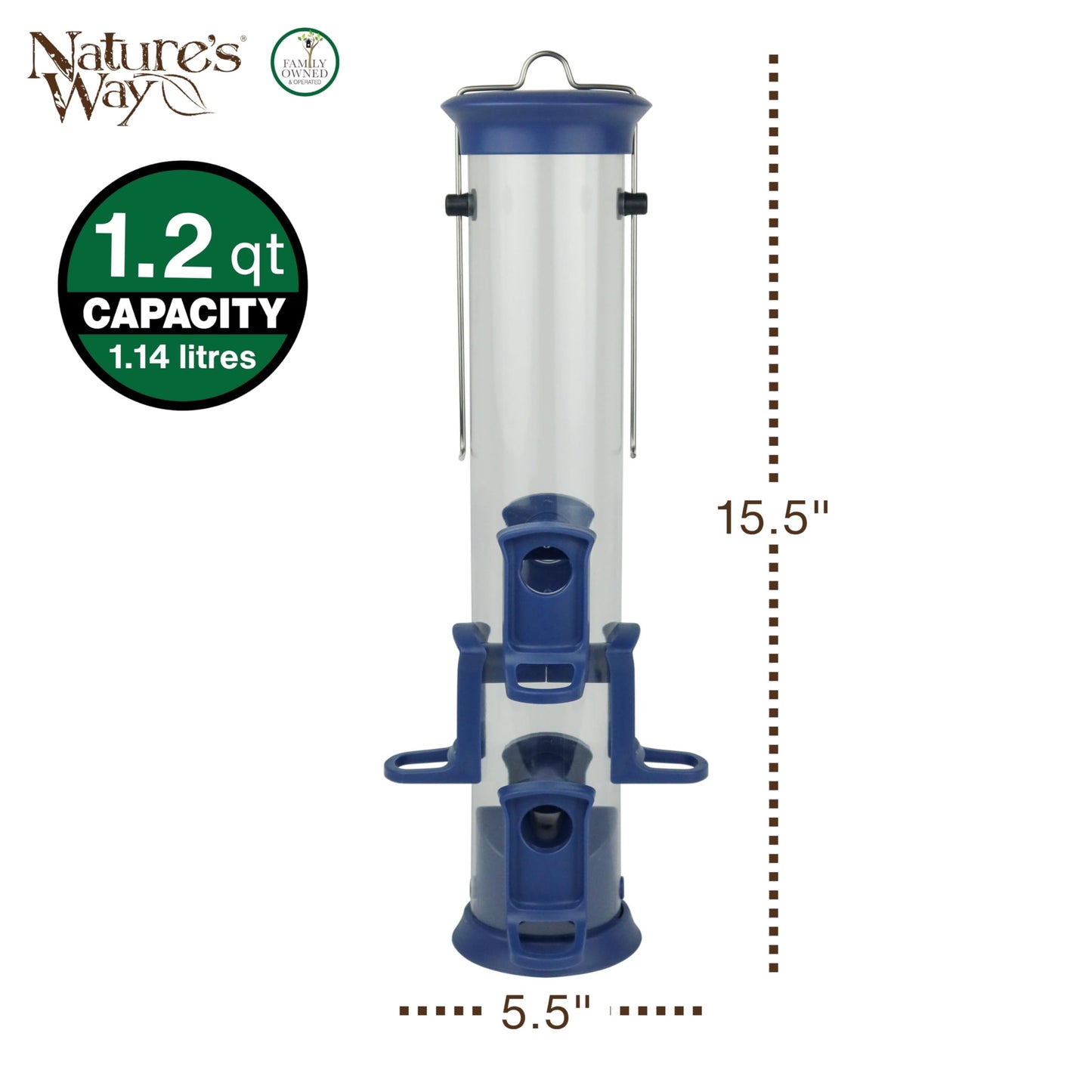 Nature's Way Plastic Seed Tube Bird Feeder for Wild Birds and Outdoor Décor, 1.2 Quart Capacity, Six Ports, Easy-Clean Design, Blue