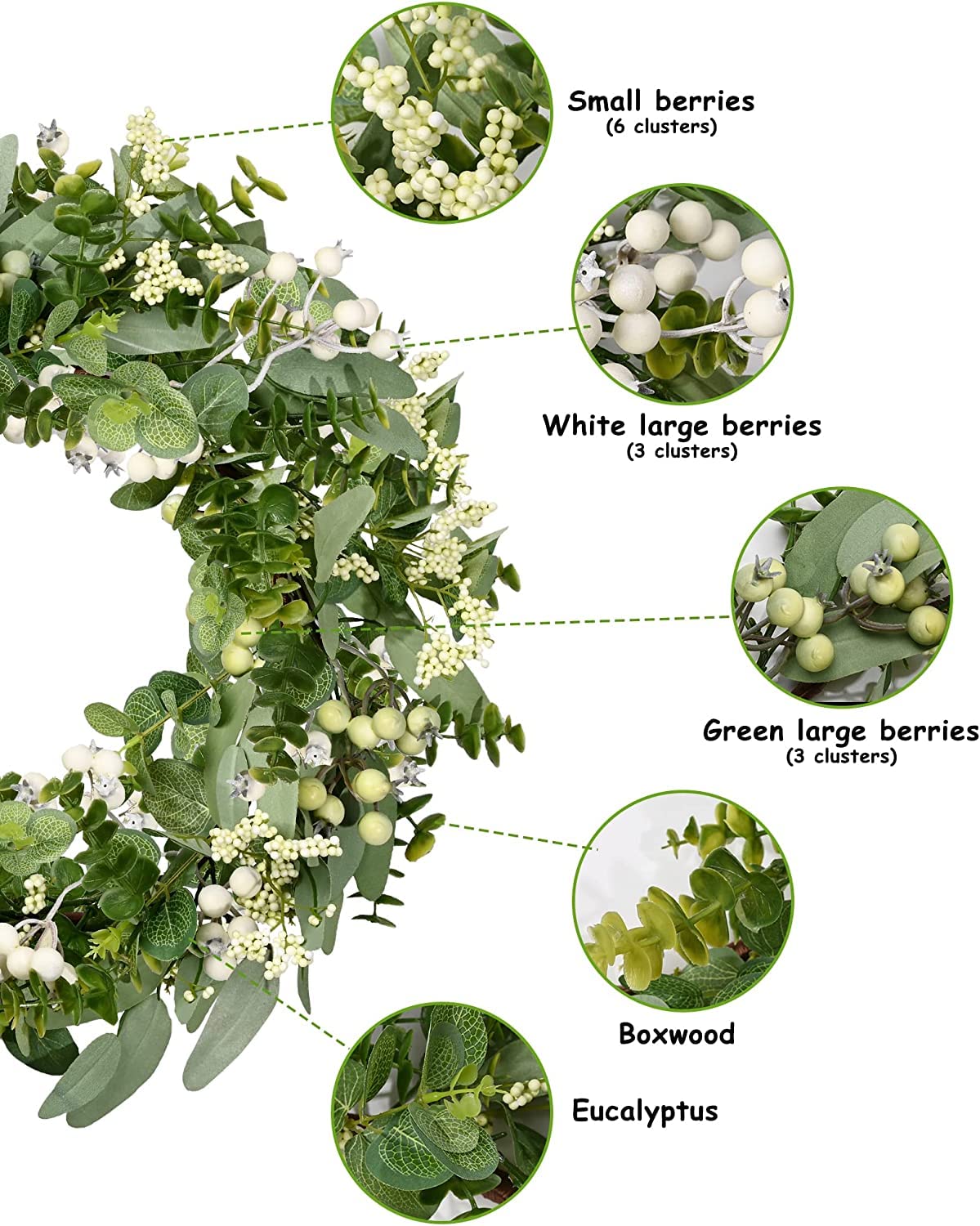 Vlorart Artificial Spring Summer Christmas Greenery Wreaths for Front Door Green Eucalyptus Leaf Wreath Decor Boxwood with Big Berries for Farmhouse Outside Year Round