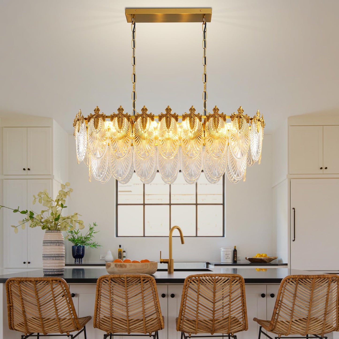 KELUOLY Rectangular Crystal Glass Dining Room Chandelier, 8 Light Gold Chandeliers Lighting Fixture, L33.5'' Height Adjustable Oval Ceiling Pendant Light for Office Coffee Over Table Kitchen Island