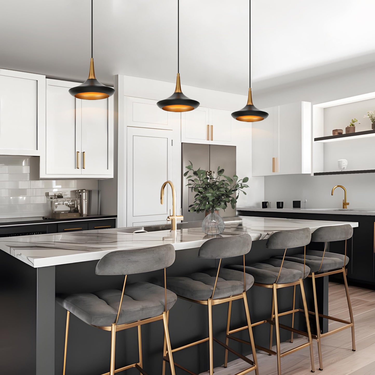LALUZ Modern Black Gold Pendant Light, Adjustable Hanging Light Fixture with Electroplated Finish for Kitchen Island, Dining Room, Bedroom
