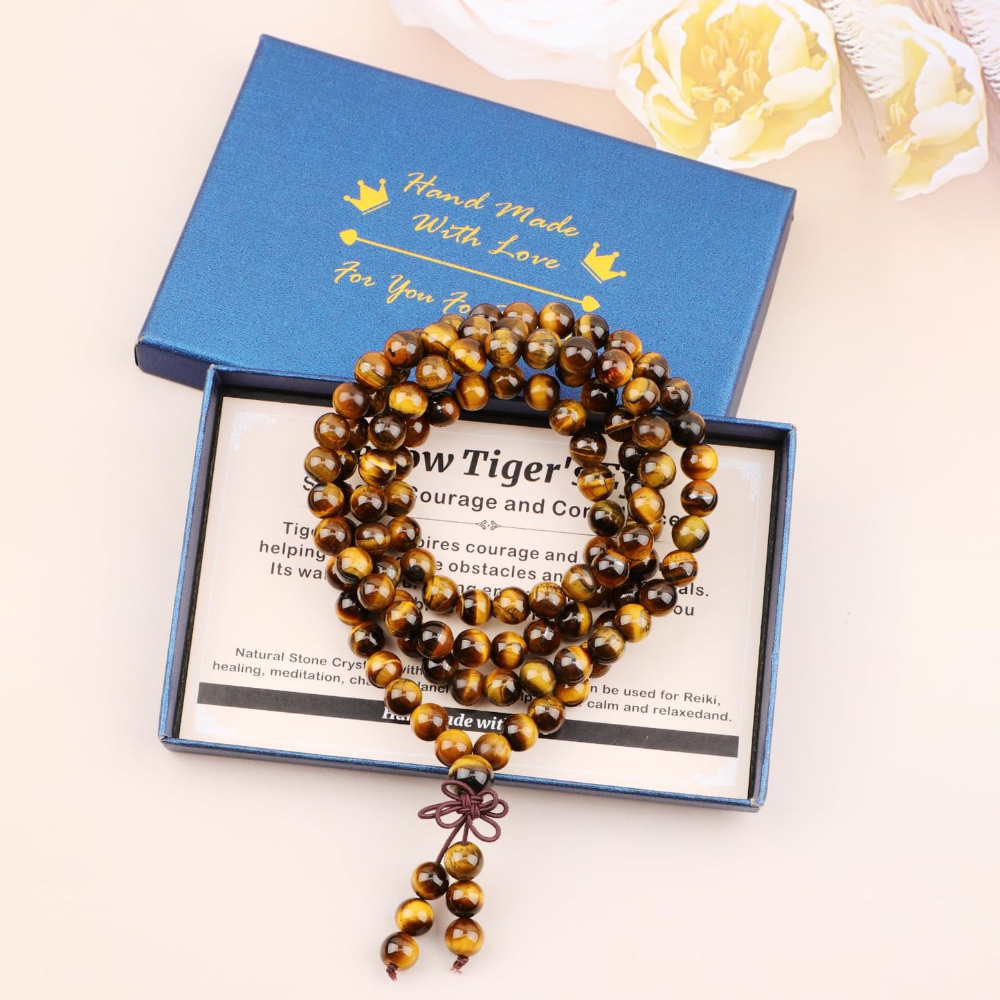 AD Beads 8mm 108 Prayer Mala Yellow Tiger's Eye Elastic Bracelet - Courage and Confidence - Handmade Yoga Meditation Healing Power Energy Gifts for Unisex Adult.