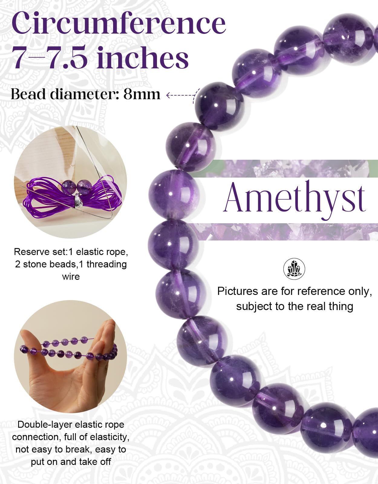 Landorilo Beaded Bracelet for Men Women, 8mm Natural Stone Amethyst Healing Crystal Stretch Bracelets, Ideal Christmas Birthday Jewelry Gifts with Energy Card，Replacement Beads Included