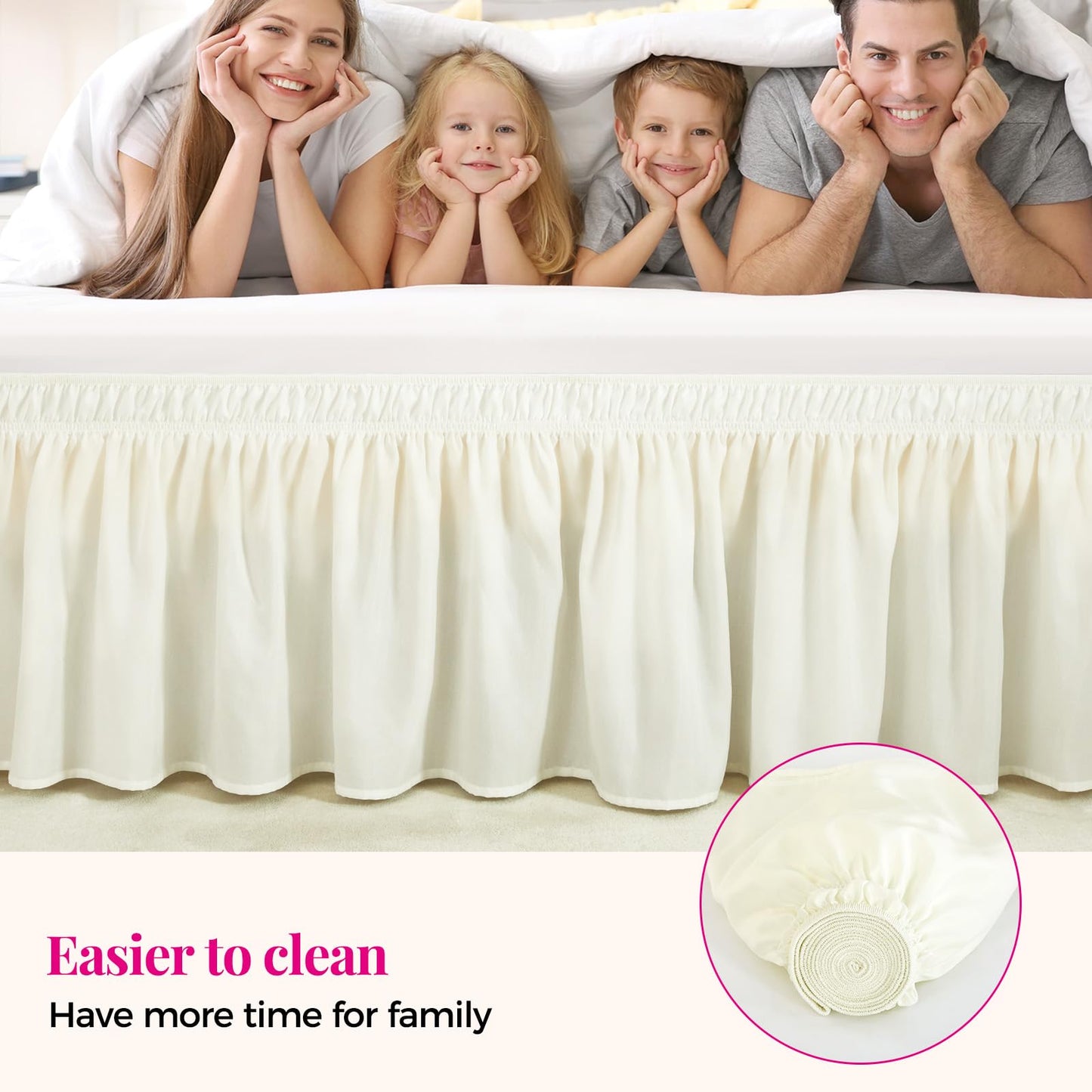RIMELA Cream Bed Skirt Queen Size 15 Inch Drop, Elastic Bed Skirting for Bed Base and Frame, Bedding Dust Ruffle Easy to Install, Lightweight Wrap Around Adjustable Bedskirt