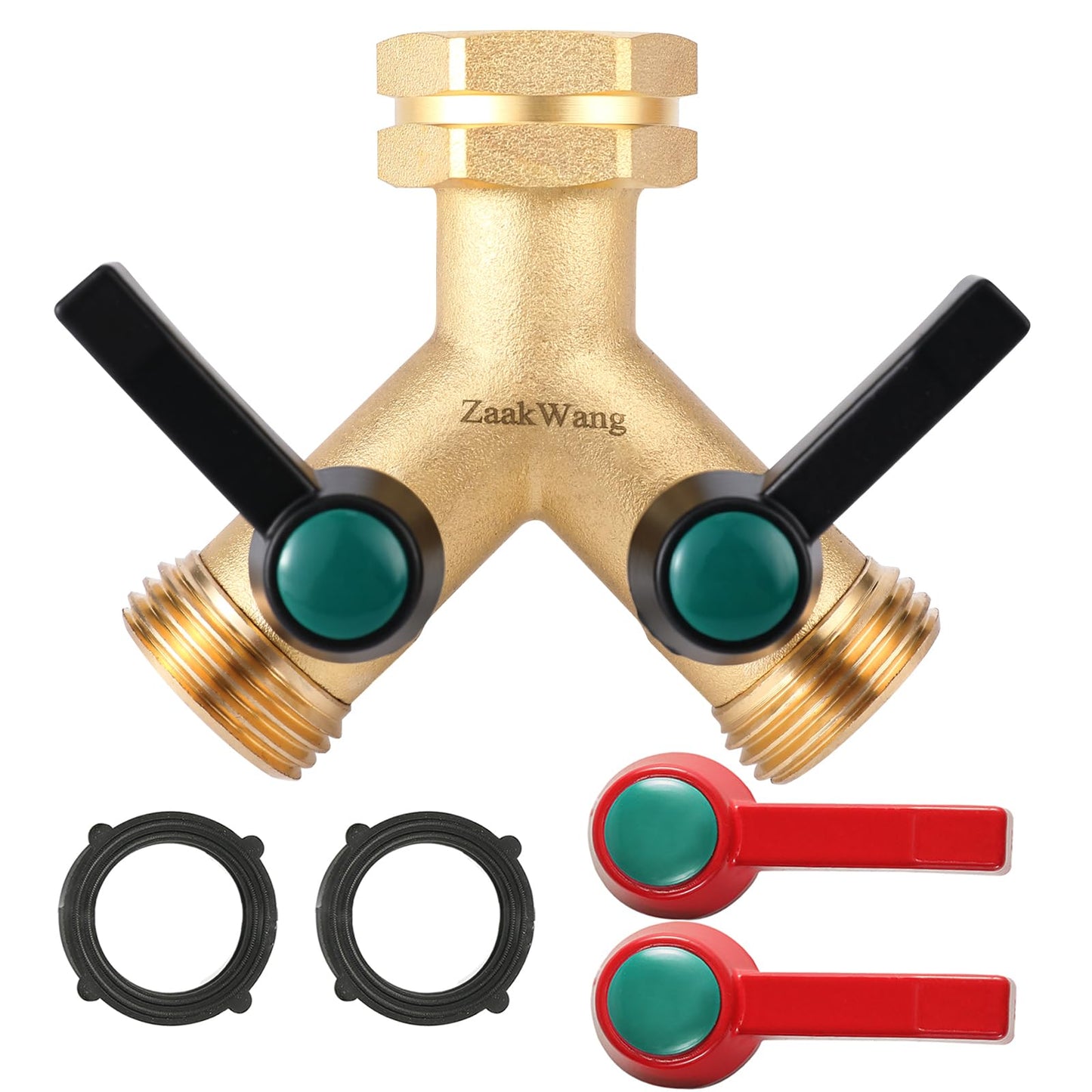 Heavy Duty Solid Brass Y-Way Distributor, 3/4" GHT Thickened Hexagonal Water Inlet, Garden Faucet Splitter, Hose Splitter with 2 More Colors Comfortable Extension Handles.