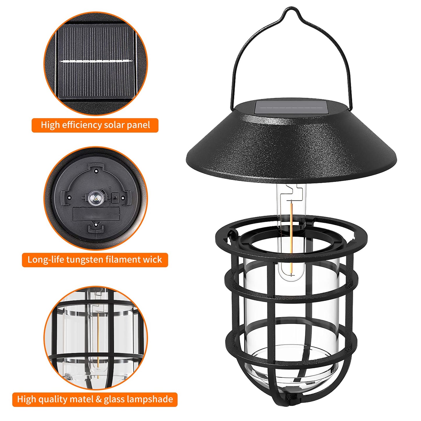 Solar Lantern Hanging Solar Lights Outdoor, Waterproof Metal Wall Lantern with Hooks, Outdoor Wall Lights for Porch, Patio Yard Garden Decor, No Wiring Required, 2 Pack