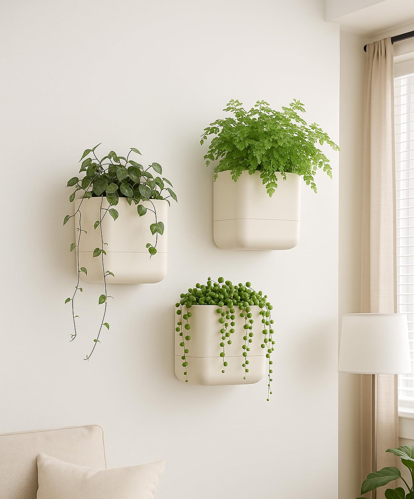 Phoenix Vine 6.5 Inch Wall Mounted Self-Watering Planter Pots for Indoor Houseplants and Herbs | Hanging Planter for Window Sills, Bathroom Walls, Home & Office Décor, Oatmeal, Set of 3, 01-C-G-3