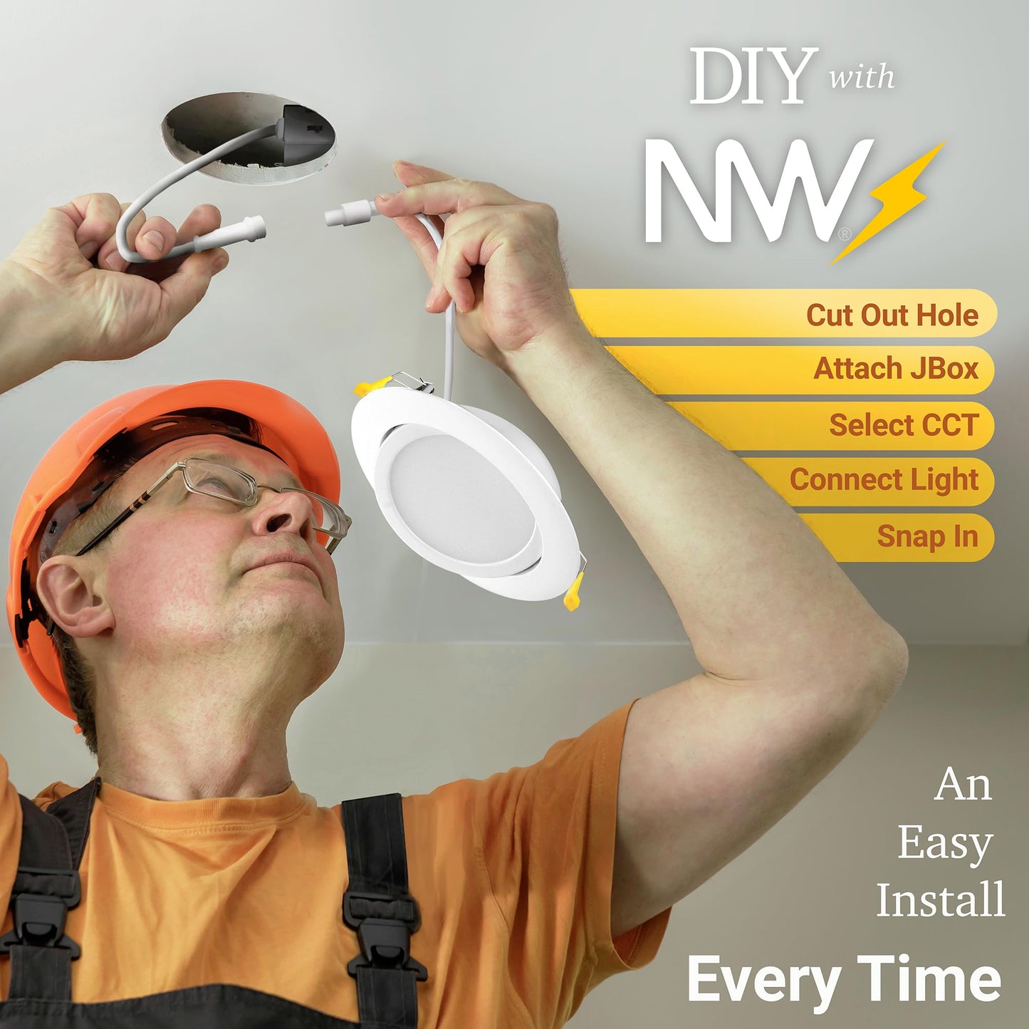 NuWatt 12 Pack, 4 Inch Canless Gimbal LED Recessed Lighting, 5CCT 2700K/3000K/3500K/4000K/5000K Selectable, 630 Lumen, Dimmable, Adjustable Eyeball Wafer Lights for Sloped Ceilings, Metal Junction Box